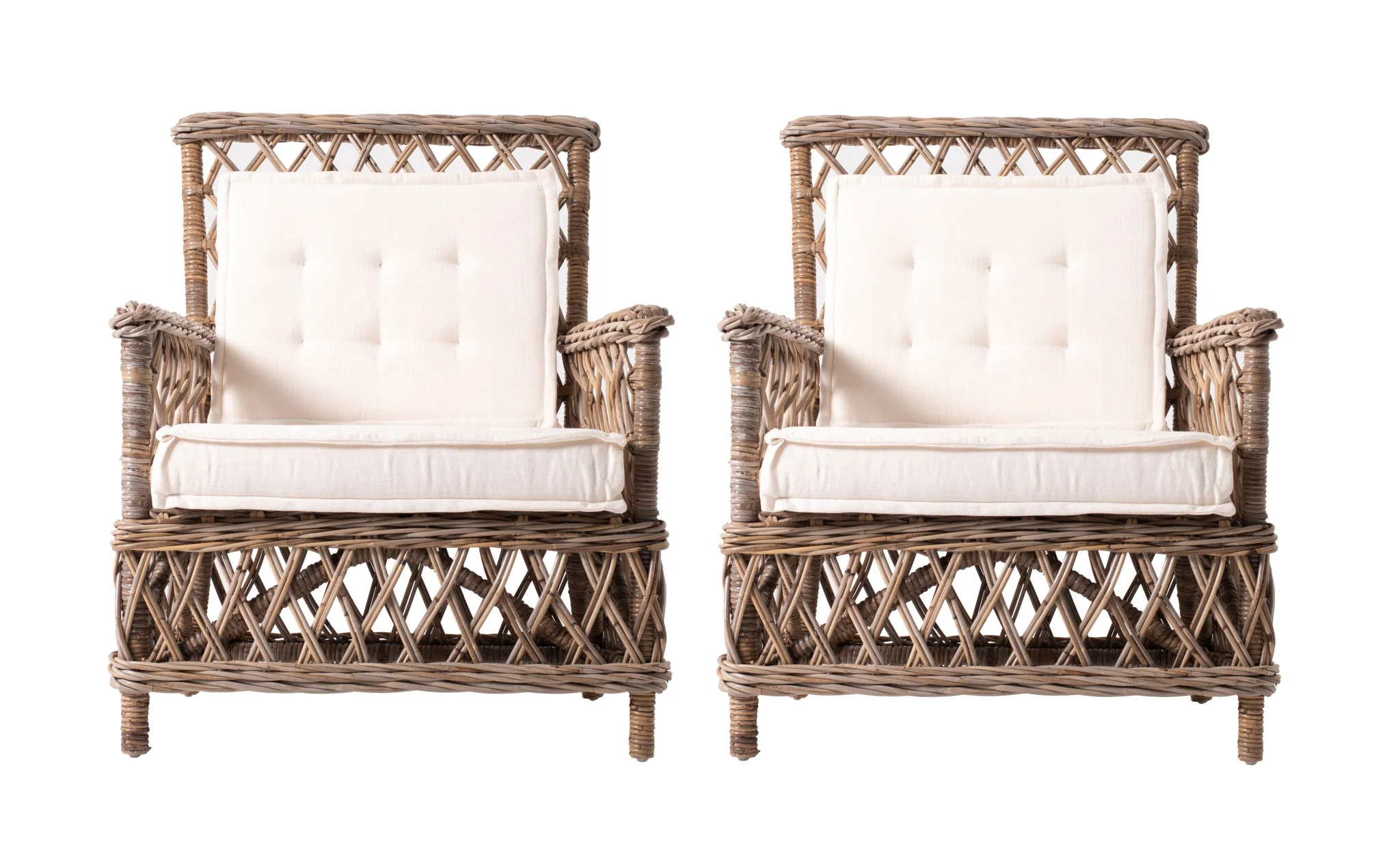 Set of Two Natural Lattice Wicker Arm Chairs with Seat Cushions By Homeroots