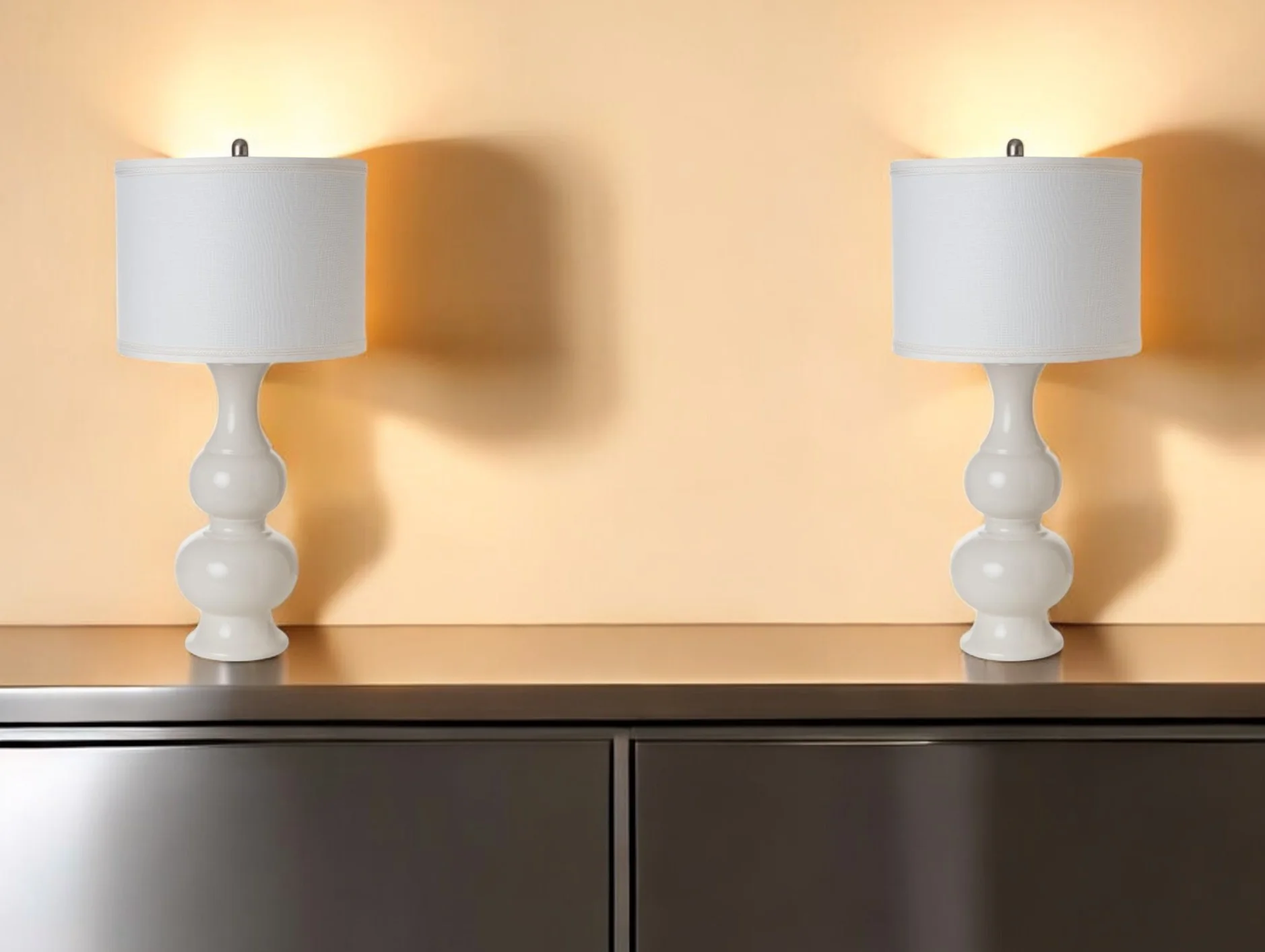 Set of Two Off White Ceramic Gourd Table Lamp With Off White Drum Shade By Homeroots