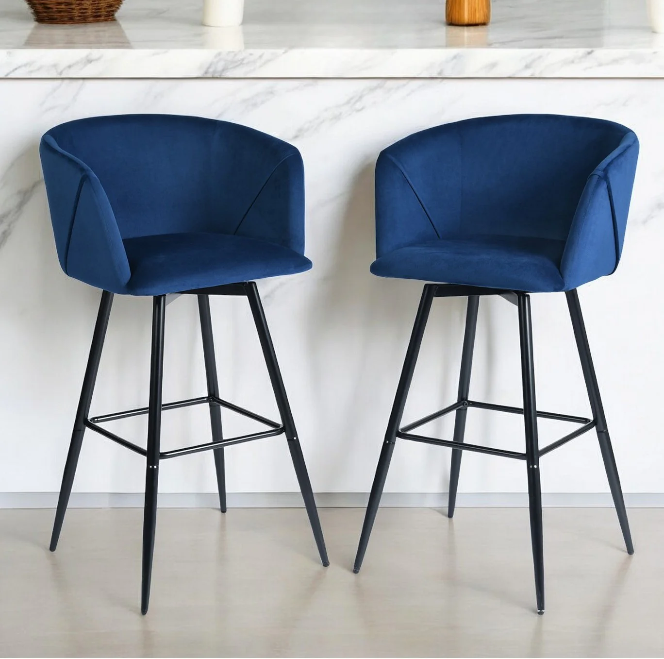 Set of Two Rose And Black Velvet And Steel Low Back Bar Height Bar Chairs By Homeroots
