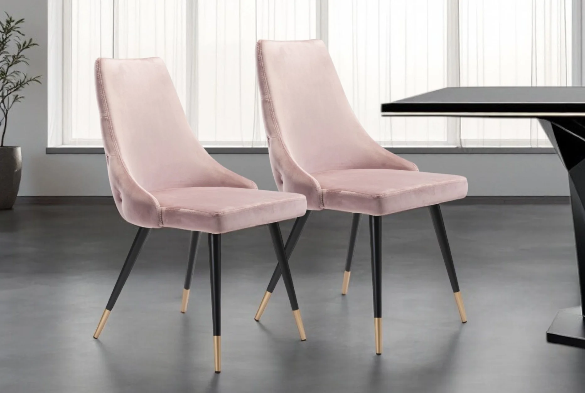 Set of Two Tufted Pink And Black Upholstered Velvet Windsor Back Dining Side Chairs By Homeroots