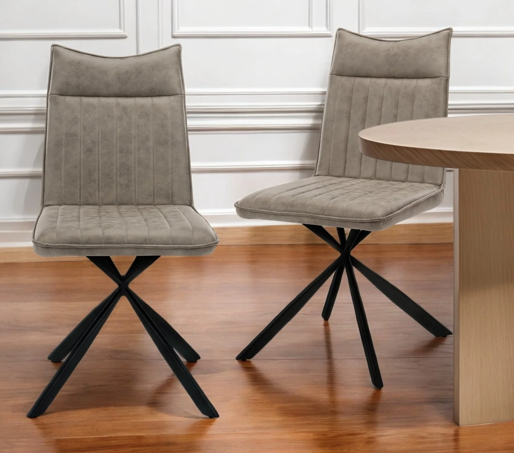Set of Two Tufted Taupe And Black Upholstered Faux Leather Dining Parsons Chairs By Homeroots
