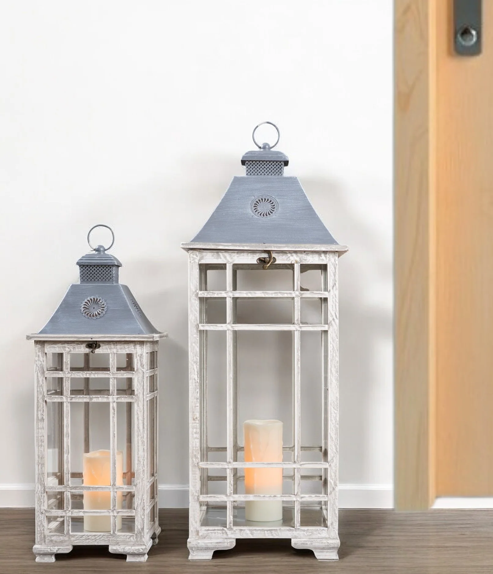 Set of Two White and Silver Metal Geometric Floor Lantern Candle Holders By Homeroots