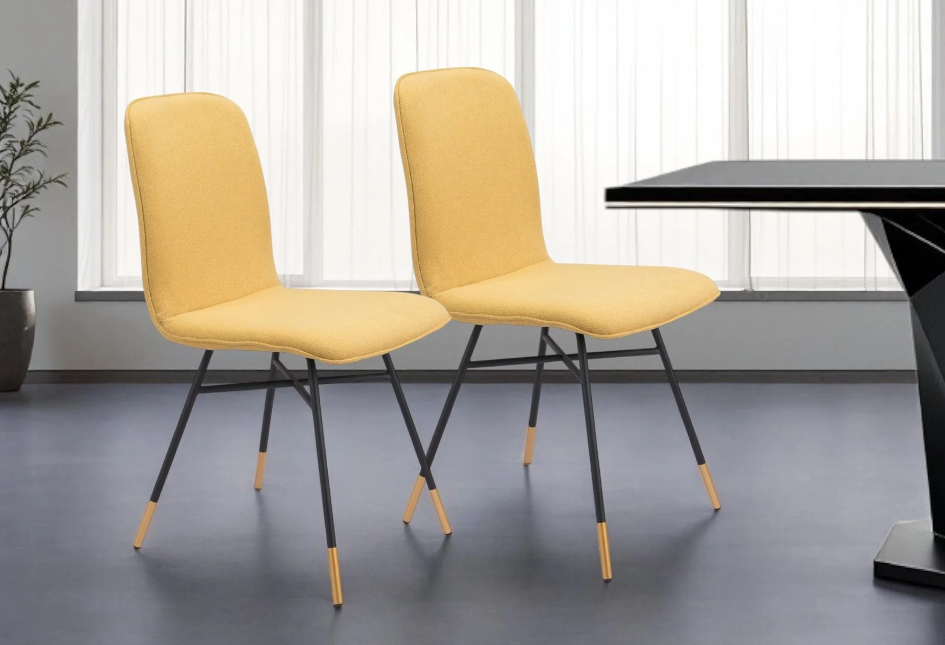 Set of Two Yellow And Black Upholstered Fabric Dining Side Chairs By Homeroots