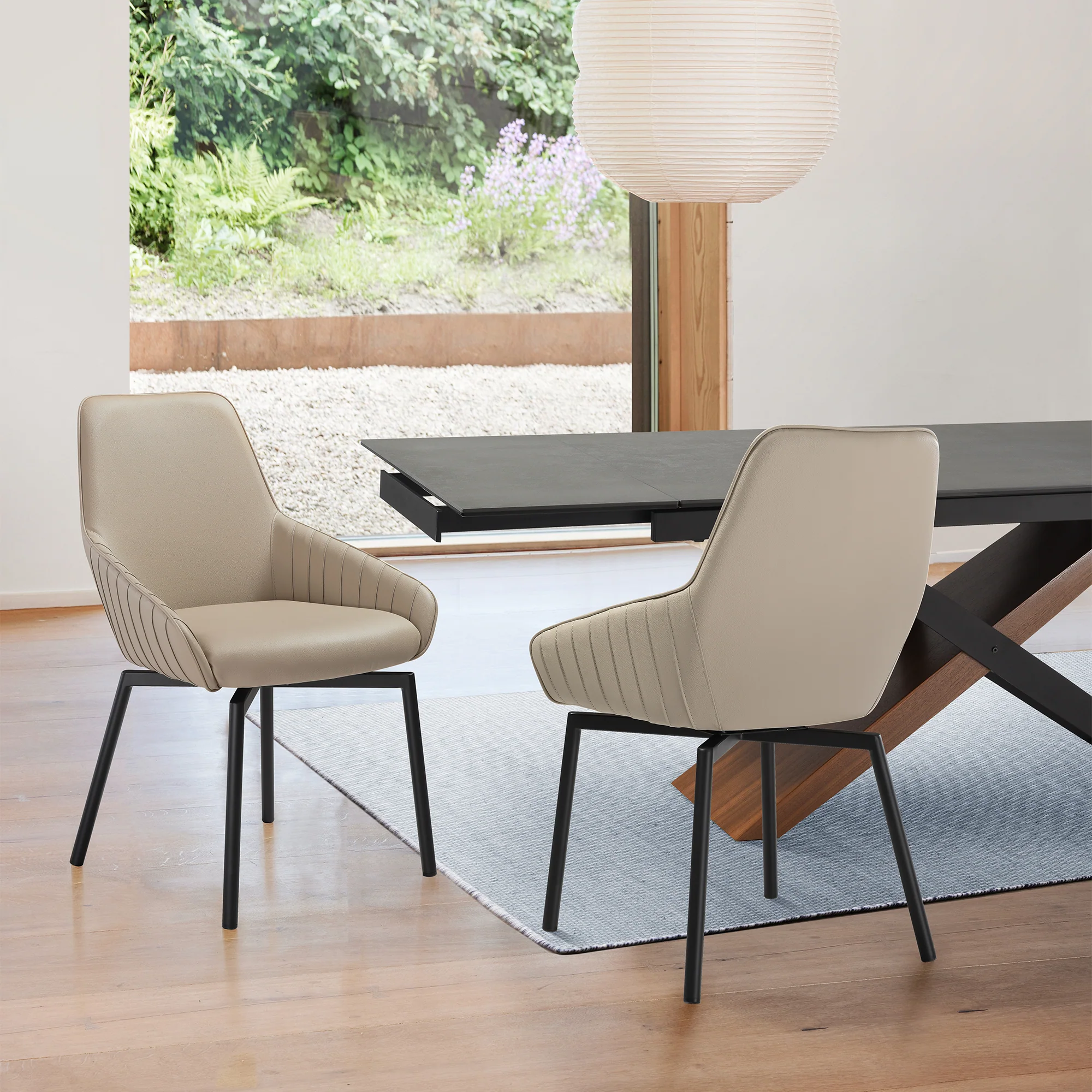Shilo Swivel Upholstered Dining Chair in Champagne Faux Leather with Black Metal Legs - Set of 2 By Armen Living
