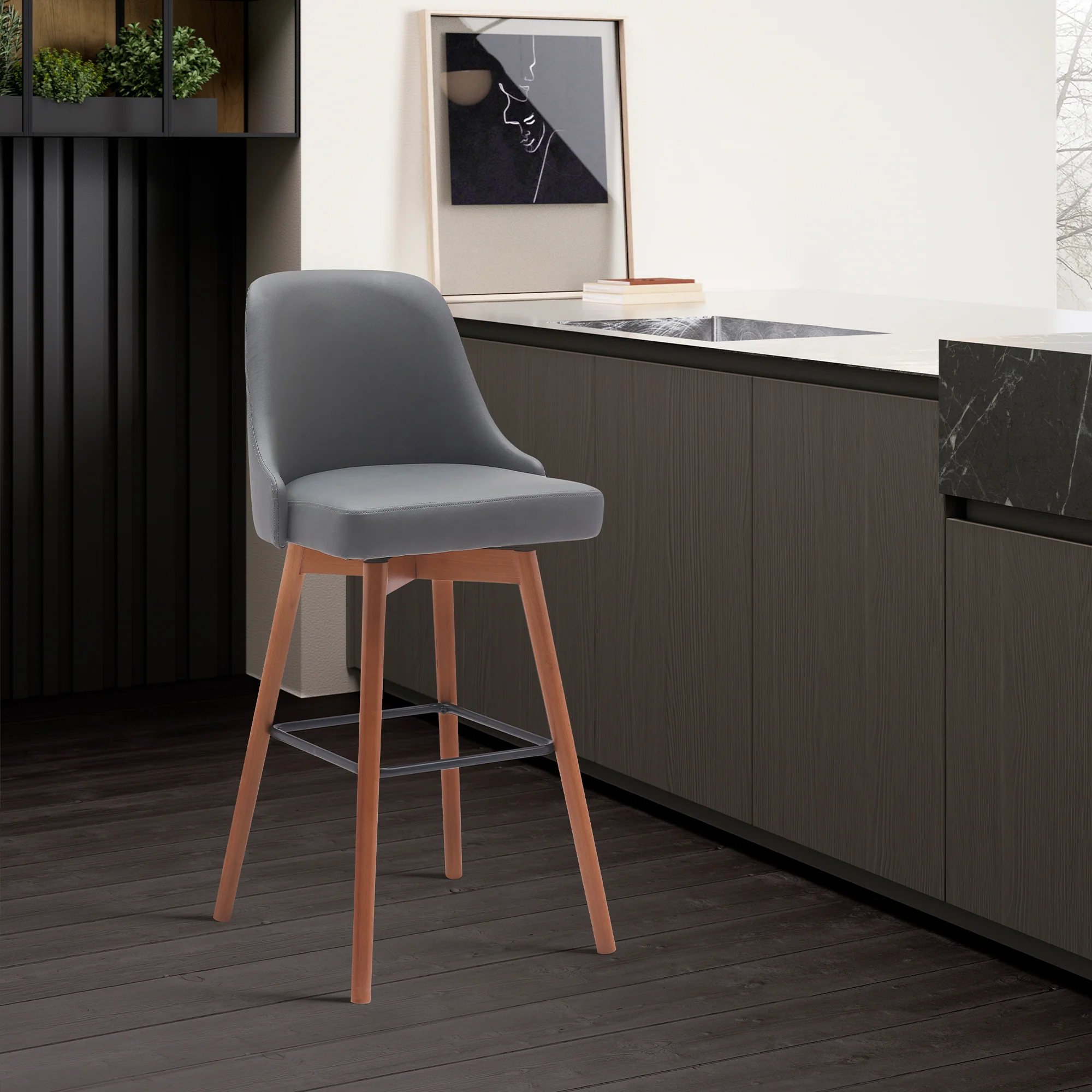 Sicily 30" Swivel Walnut Wood Bar Stool in Gray Faux Leather By Armen Living
