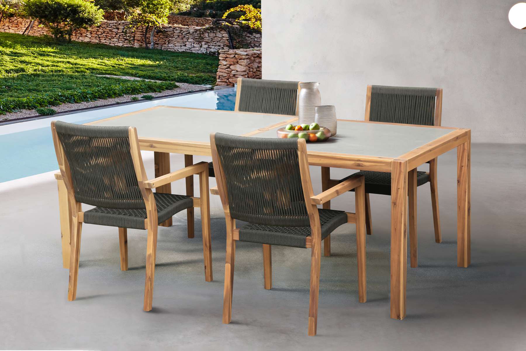 Sienna Outdoor Eucalyptus Dining Table with Teak Finish and Grey Super Stone Top By Armen Living