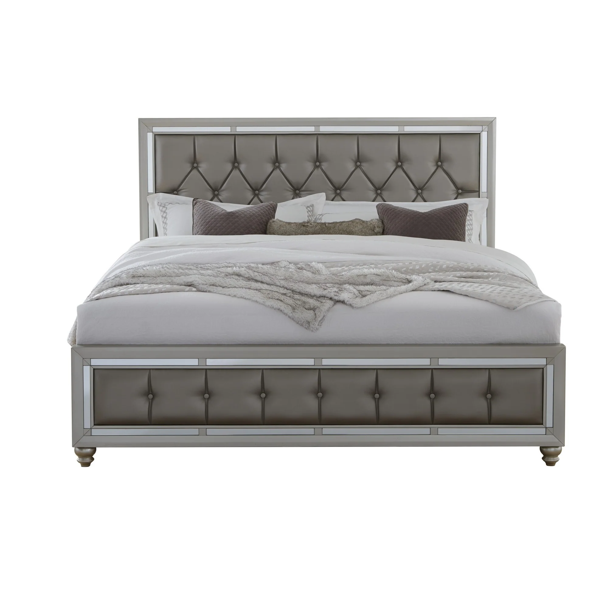 Silver Champagne Tone Full Bed Padded Headboard Padded Footboard Mirror Trim Accents By Homeroots - Image 2
