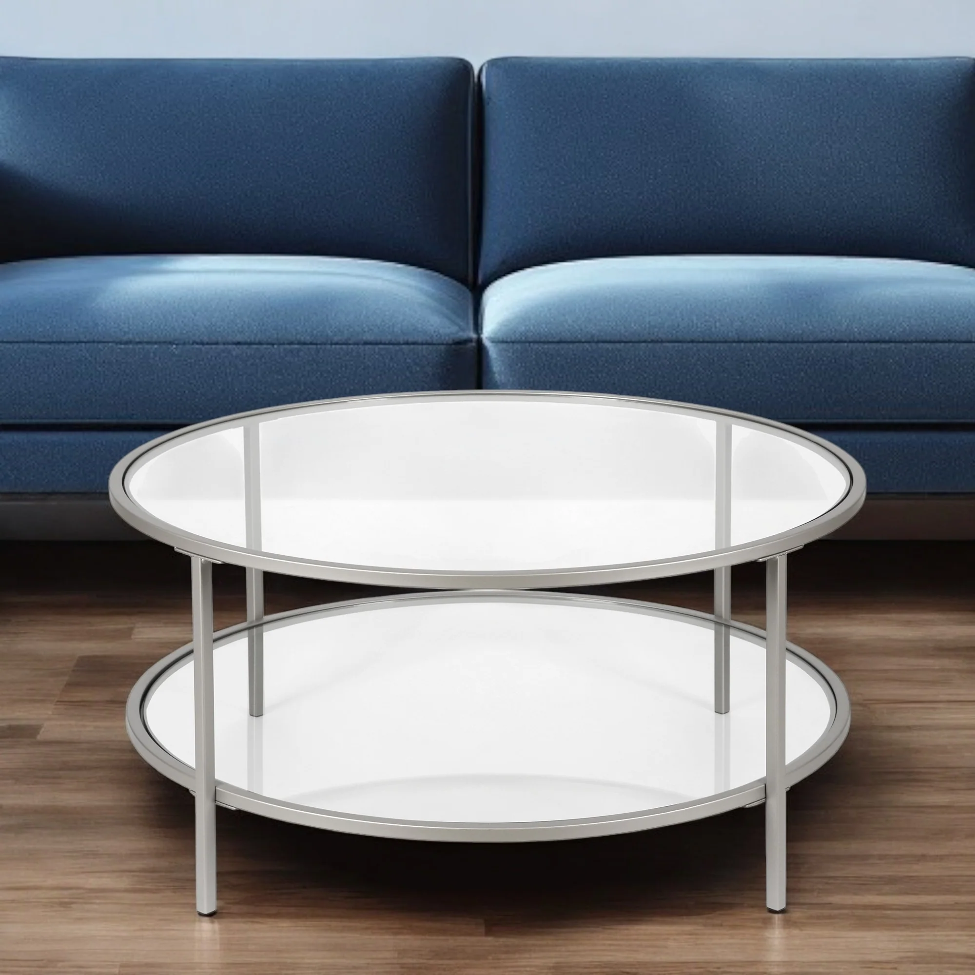 Silver Glass And Steel Round Coffee Table With Shelf By Homeroots