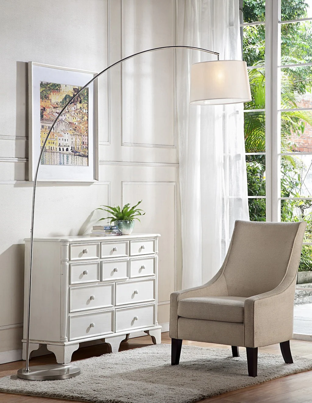 Silver Metal Arch Floor Lamp with White Fabric Shade By Homeroots
