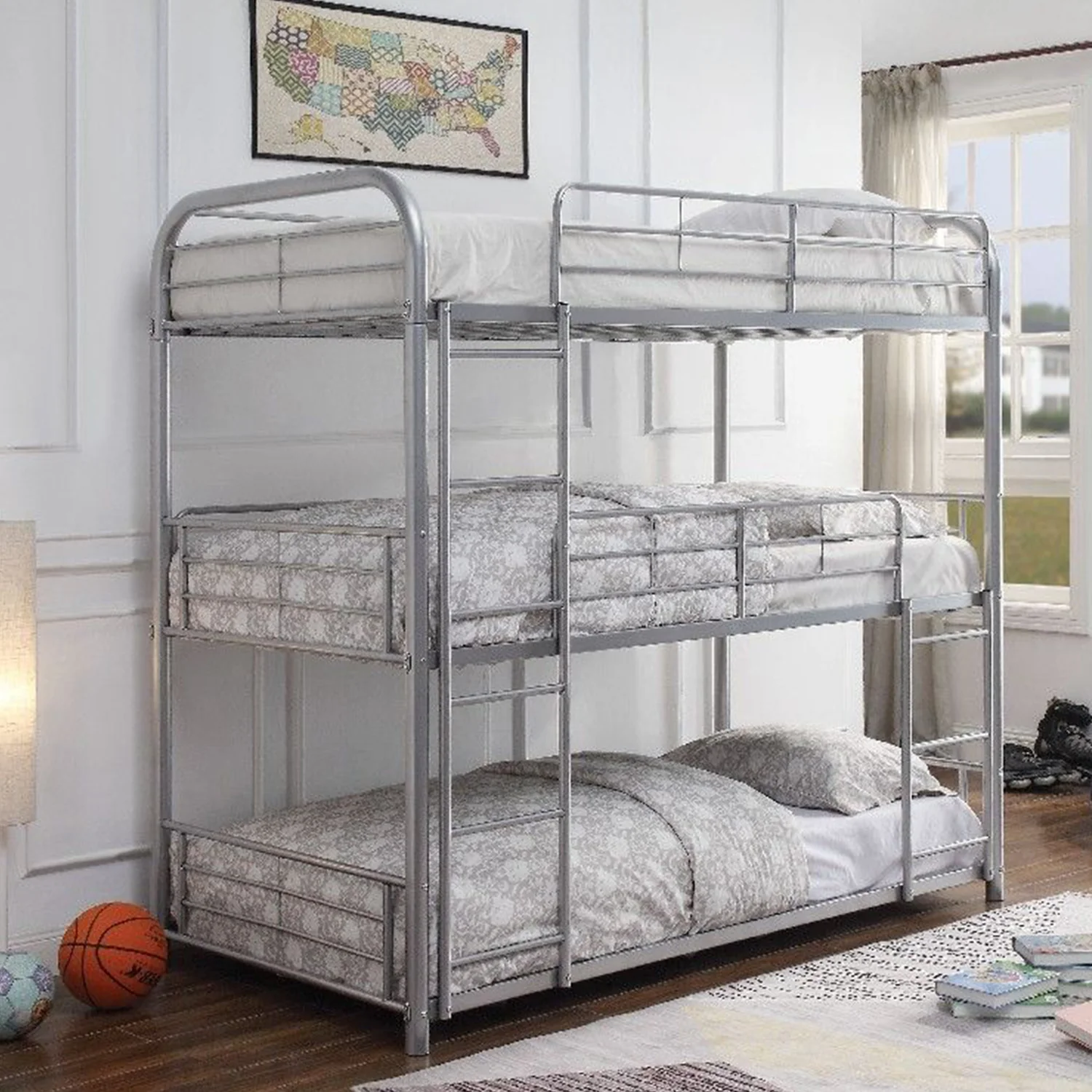 Silver Metal Triple Bunk Bed - Twin By Homeroots