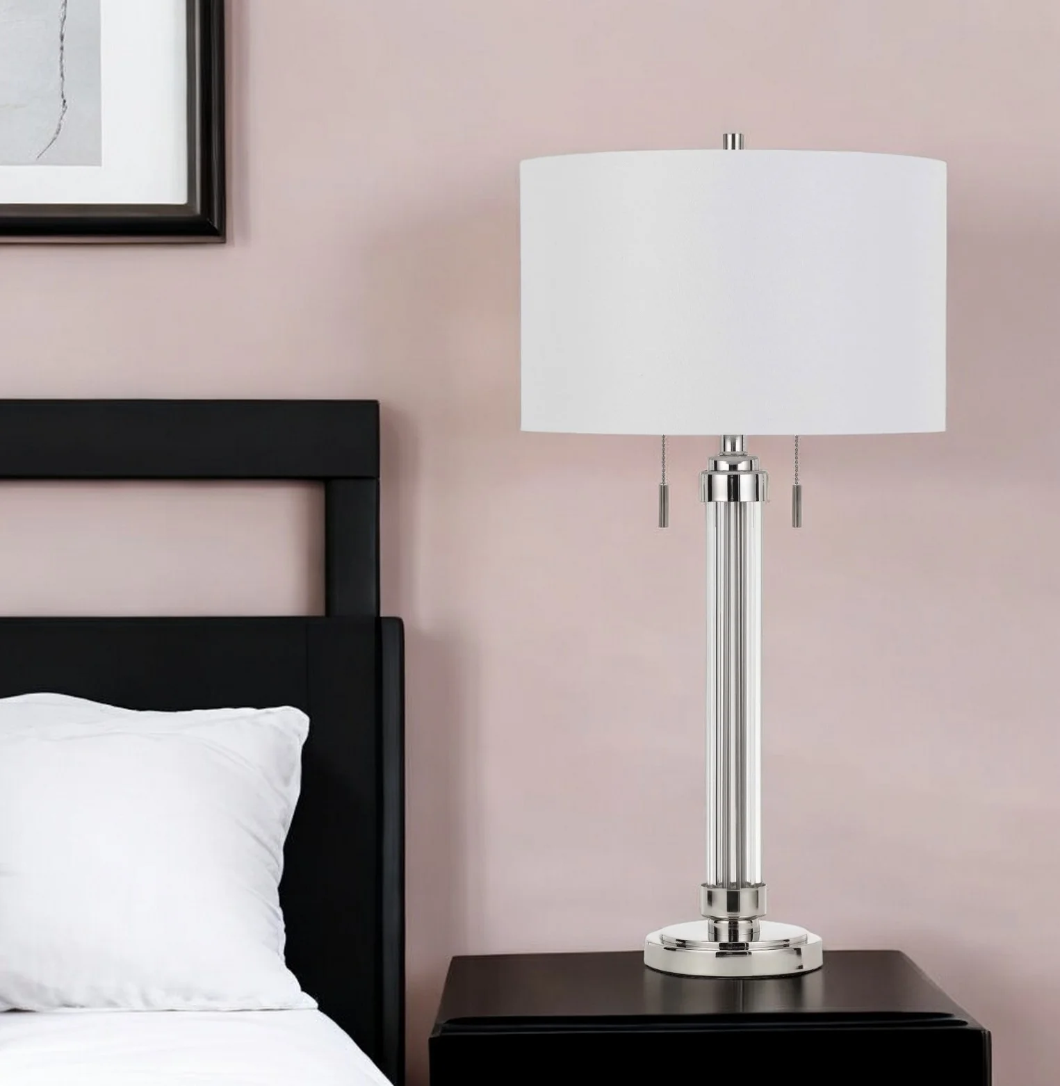 Silver Metallic Metal Two Light Cylinder Table Lamp With White Drum Shade By Homeroots
