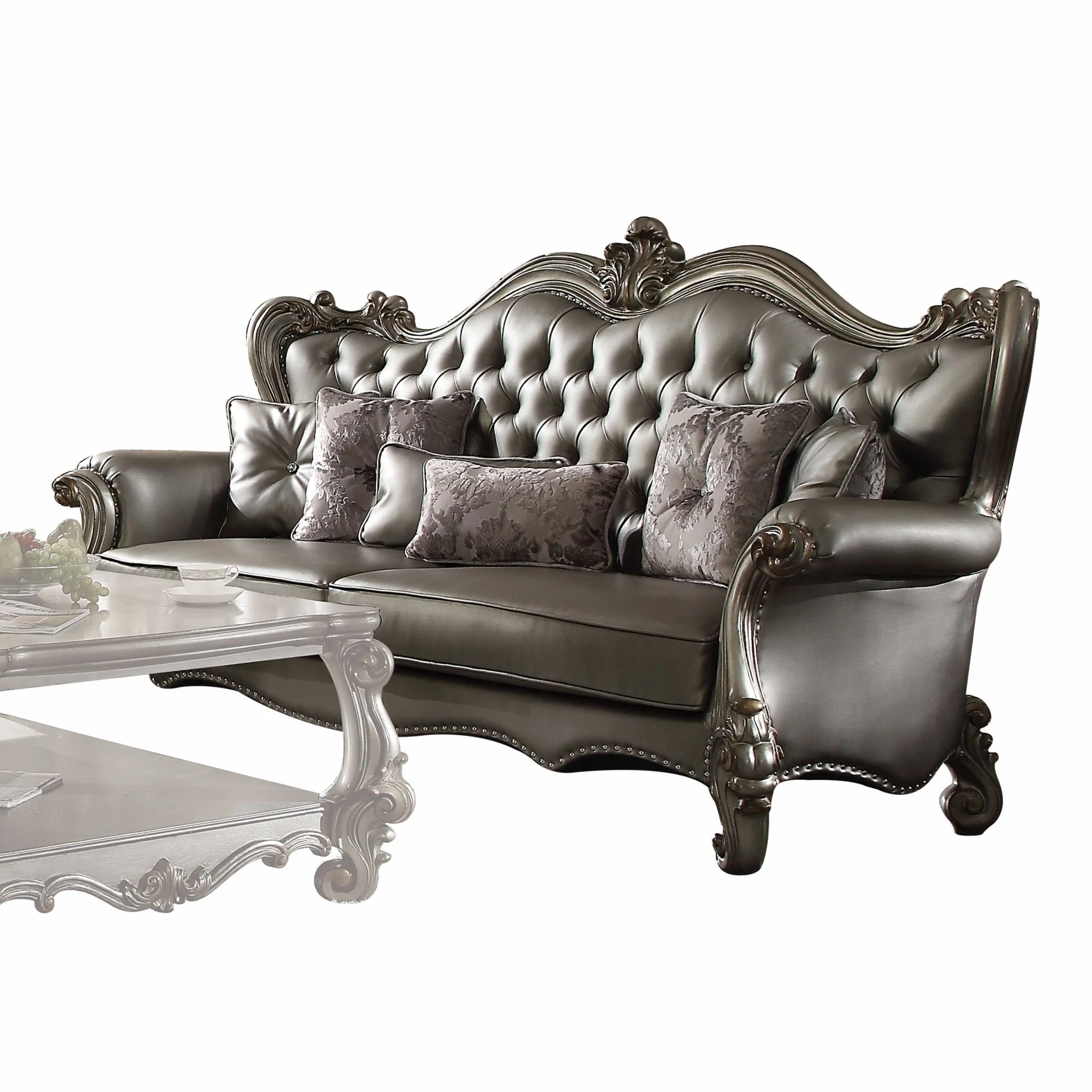 Silver PU Antique Platinum Upholstery Poly Resin Sofa w Pillows By Homeroots