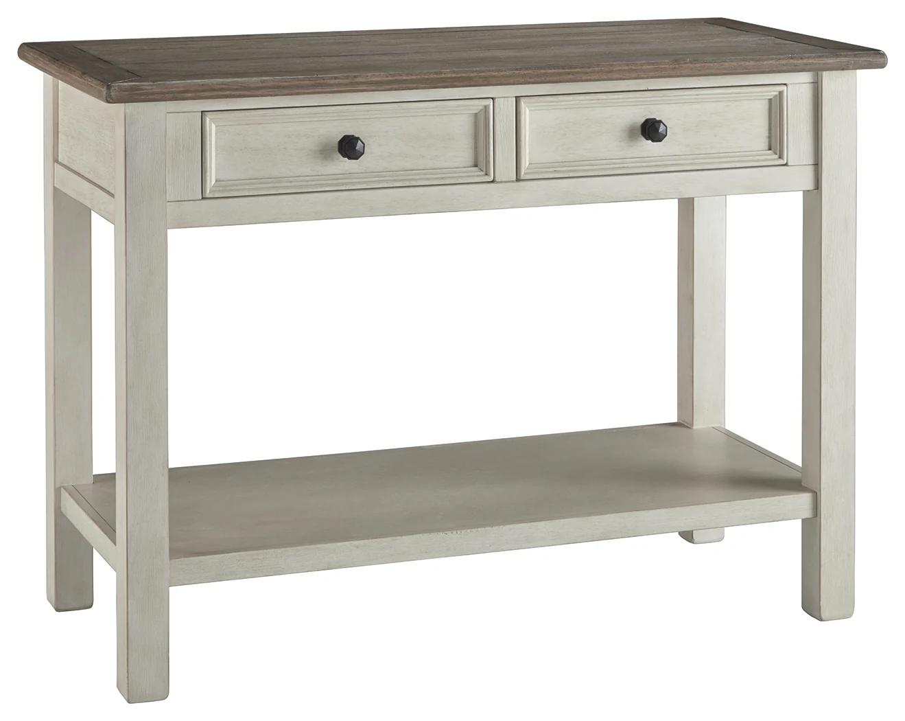 Sofa Table With Plank Style Top and 2 Gliding Drawers, Brown and White By Benzara