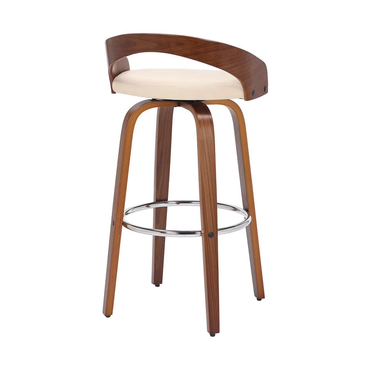 Sonia 30" Bar Height Swivel Cream Faux Leather and Walnut Wood Bar Stool By Armen Living - Image 3