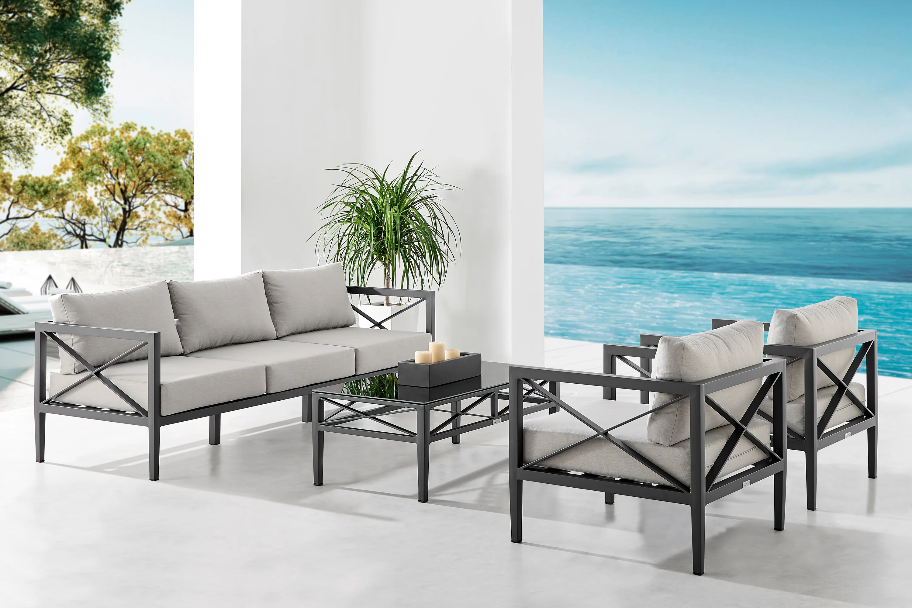 Sonoma Outdoor 4 piece Set in Dark Grey Finish and Light Grey Cushions By Armen Living