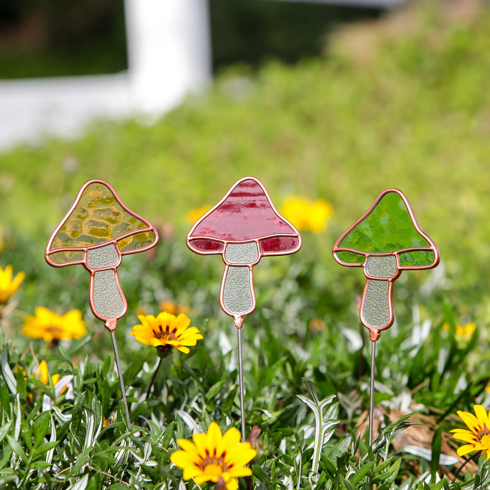 Stained Glass Pot Stakes - Mushroom 16"H Set of 6 By Garden Age Supply