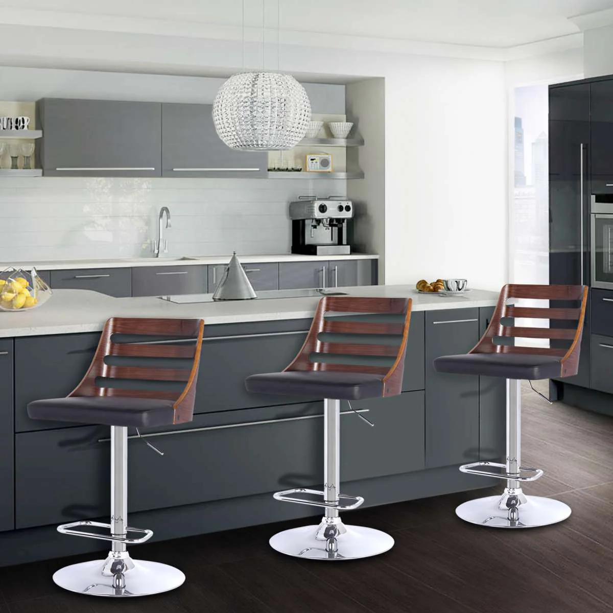 Storm Barstool in Chrome finish with Walnut wood and Black Faux Leather By Armen Living