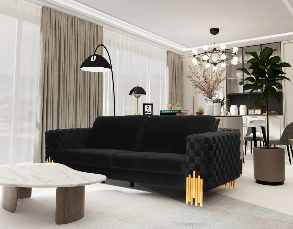 Stylish Black Velvet And Gold Accent Sofa By Homeroots