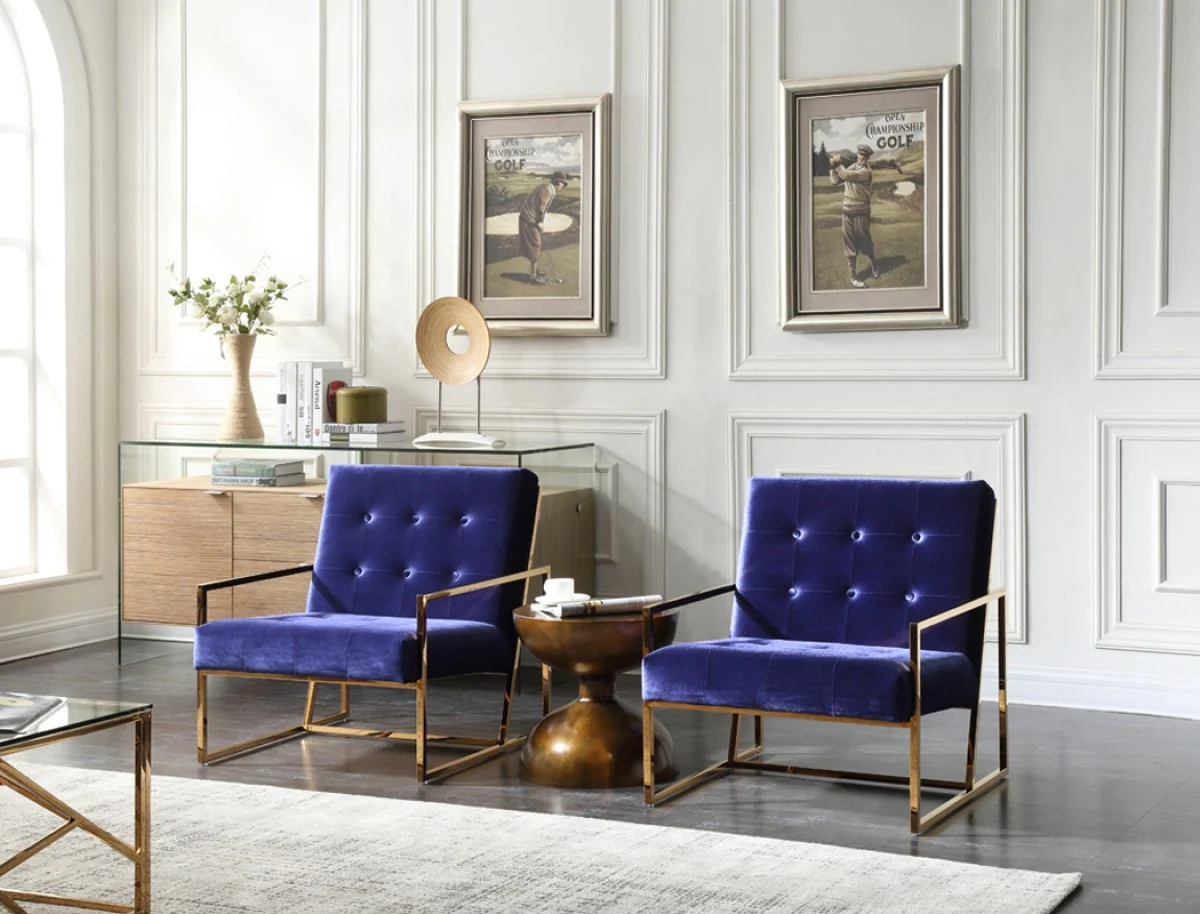 Stylish Blue and Gold Fabric Square Back Accent Chair By Homeroots
