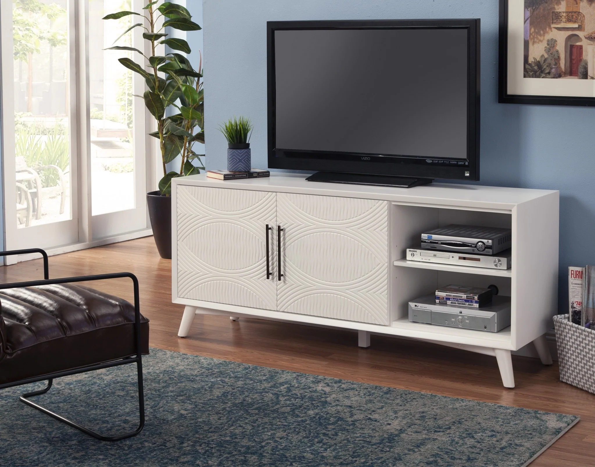 Stylish White Textured Mid Century Mod TV Console By Homeroots