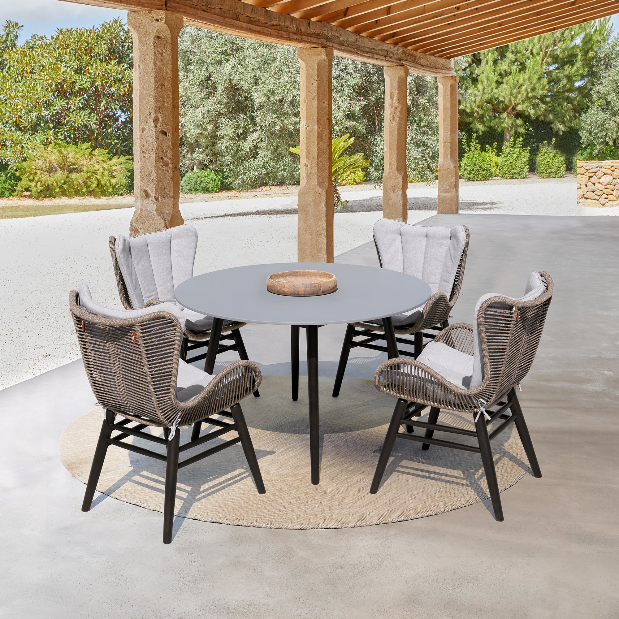 Sydney and Fanny 5 Piece Outdoor Patio Dining Set in Dark Eucalyptus Wood with Truffle Rope and Grey Cushions By Armen Living