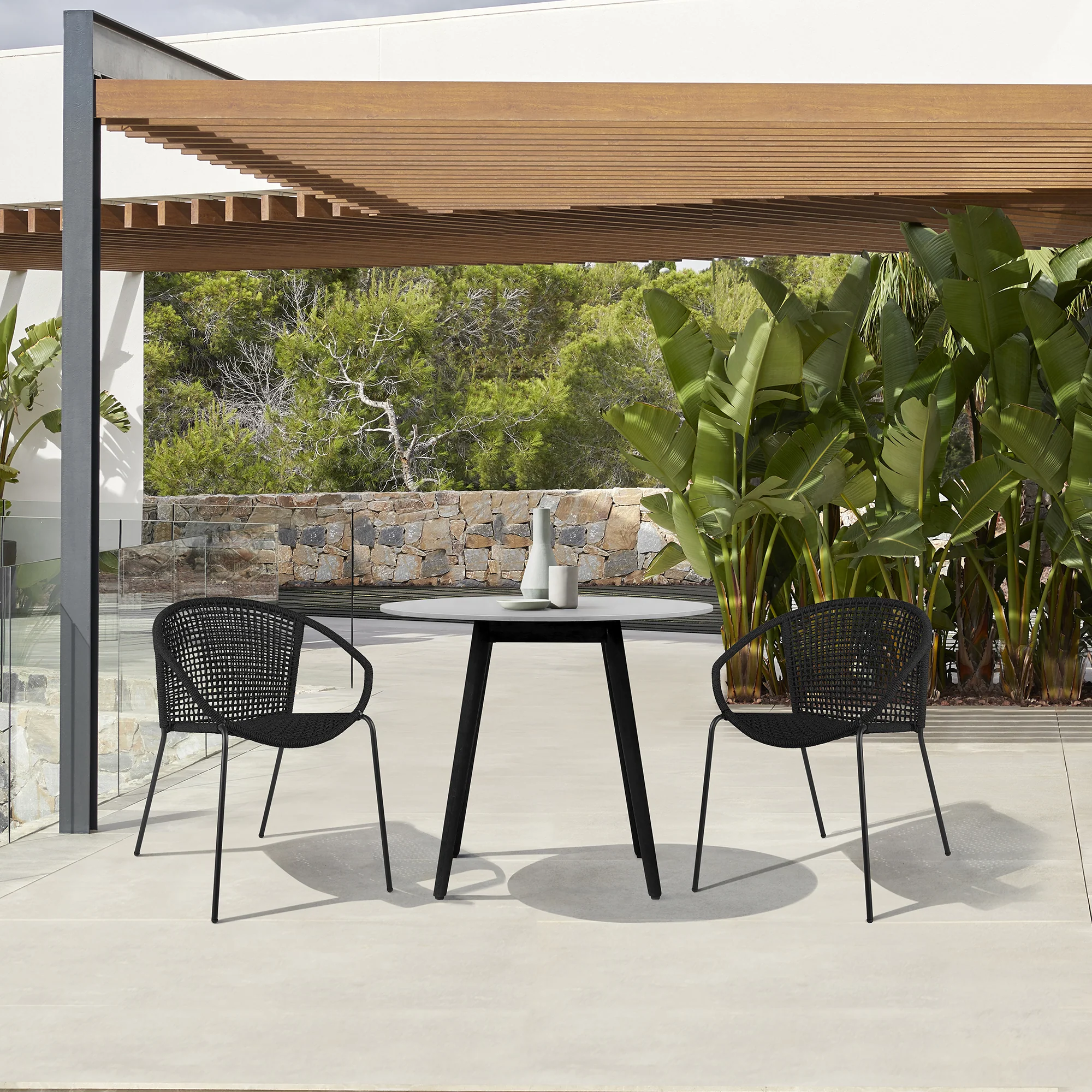 Sydney and Snack 3 Piece Outdoor Patio 36" Dining Set in Black Eucalyptus Wood and Black Rope By Armen Living