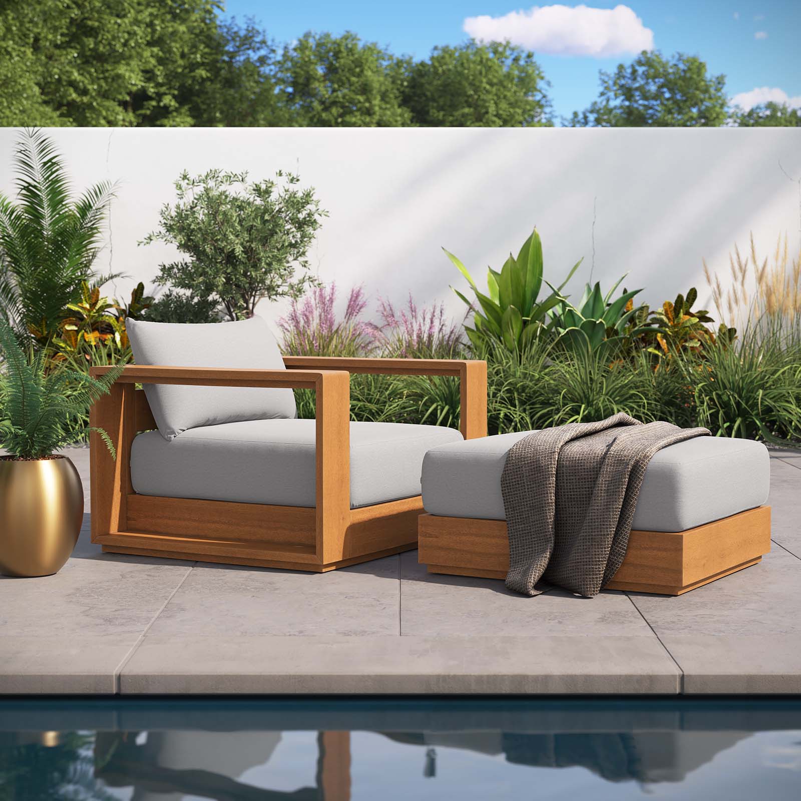 Tahoe Outdoor Patio Acacia Wood 2-Piece Armchair and Ottoman Set By Modway - EEI-6800