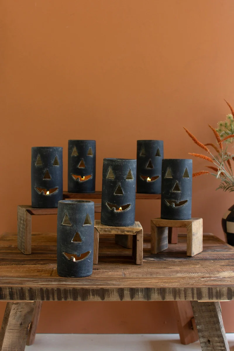 Tall Black Clay Jack-O-Lantern By Kalalou