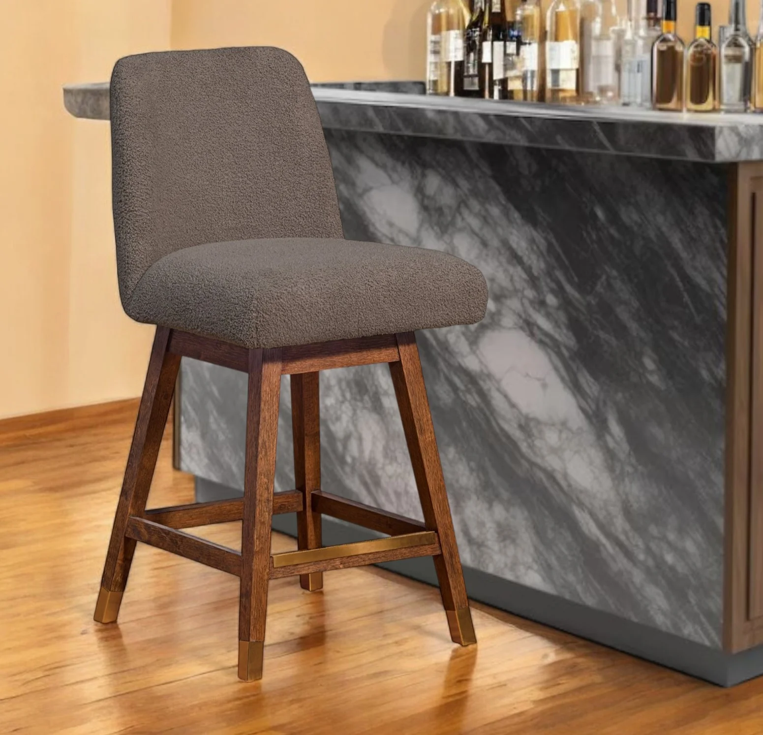 Taupe and Brown Solid Wood Counter Height Swivel Bar Chair By Homeroots