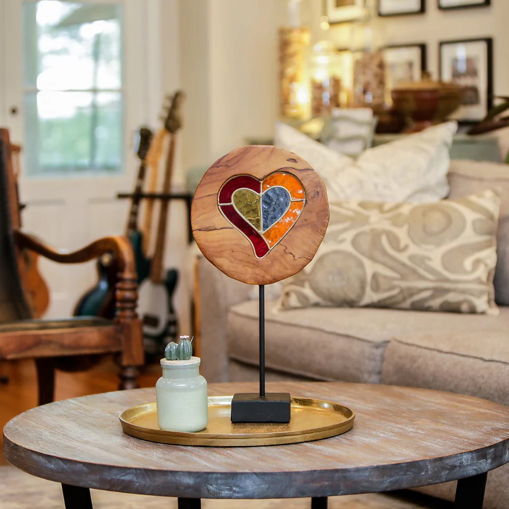 Teak Slab Stained Glass Heart Set of 2 By Garden Age Supply - Image 2