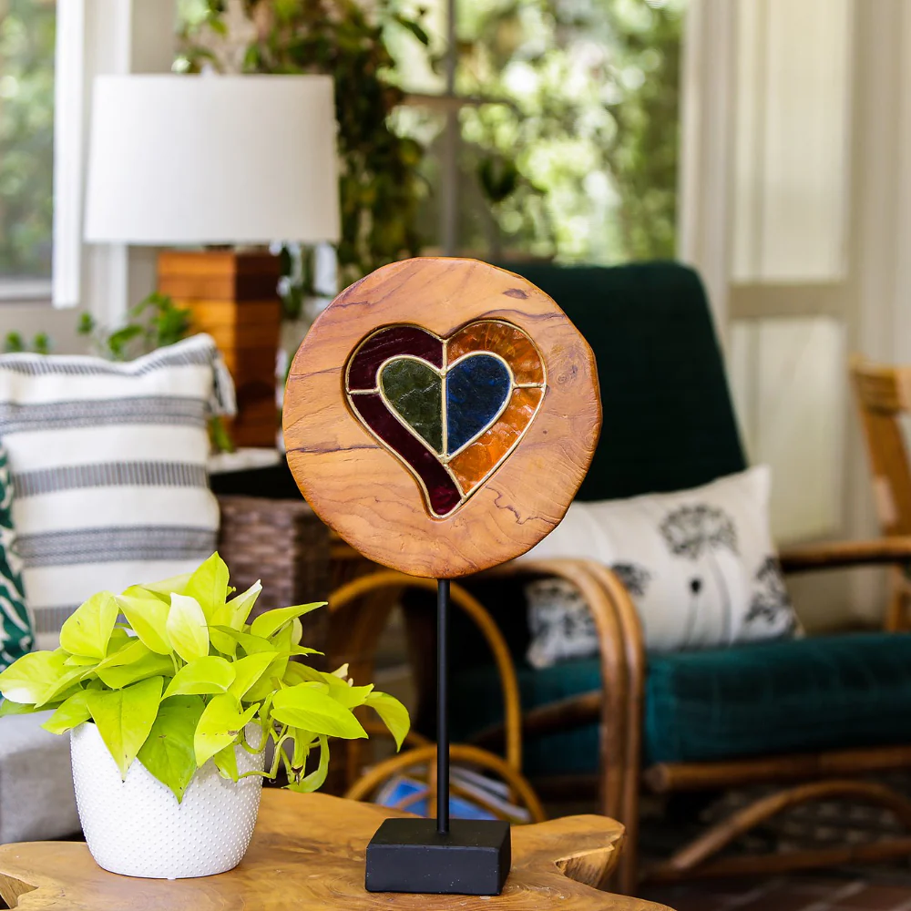 Teak Slab Stained Glass Heart Set of 2 By Garden Age Supply - Image 3