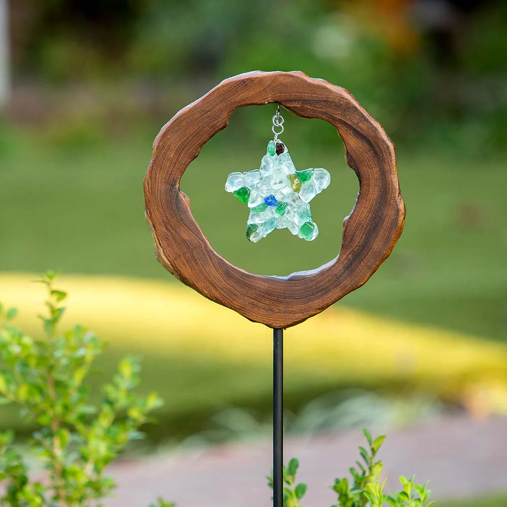 Teak Slab w/ Glass Star Garden Stake Set of 4 By Garden Age Supply