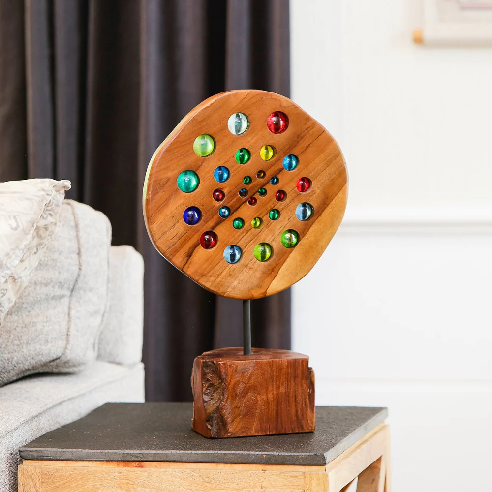 Teak Slab with Glass Ball on Stand Set of 2 By Garden Age Supply