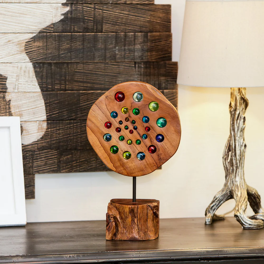 Teak Slab with Glass Ball on Stand Set of 2 By Garden Age Supply - Image 2