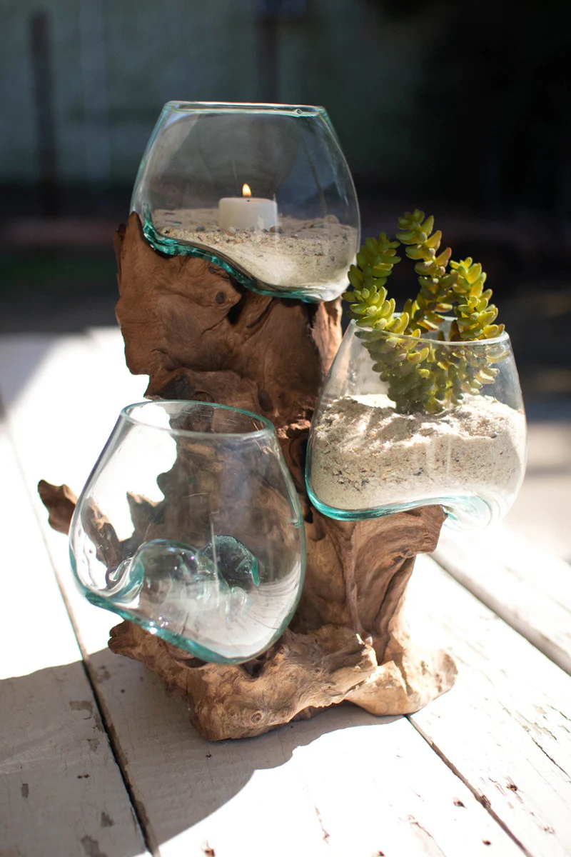 Three Blown Glass Bowls On A Driftwood Base By Kalalou