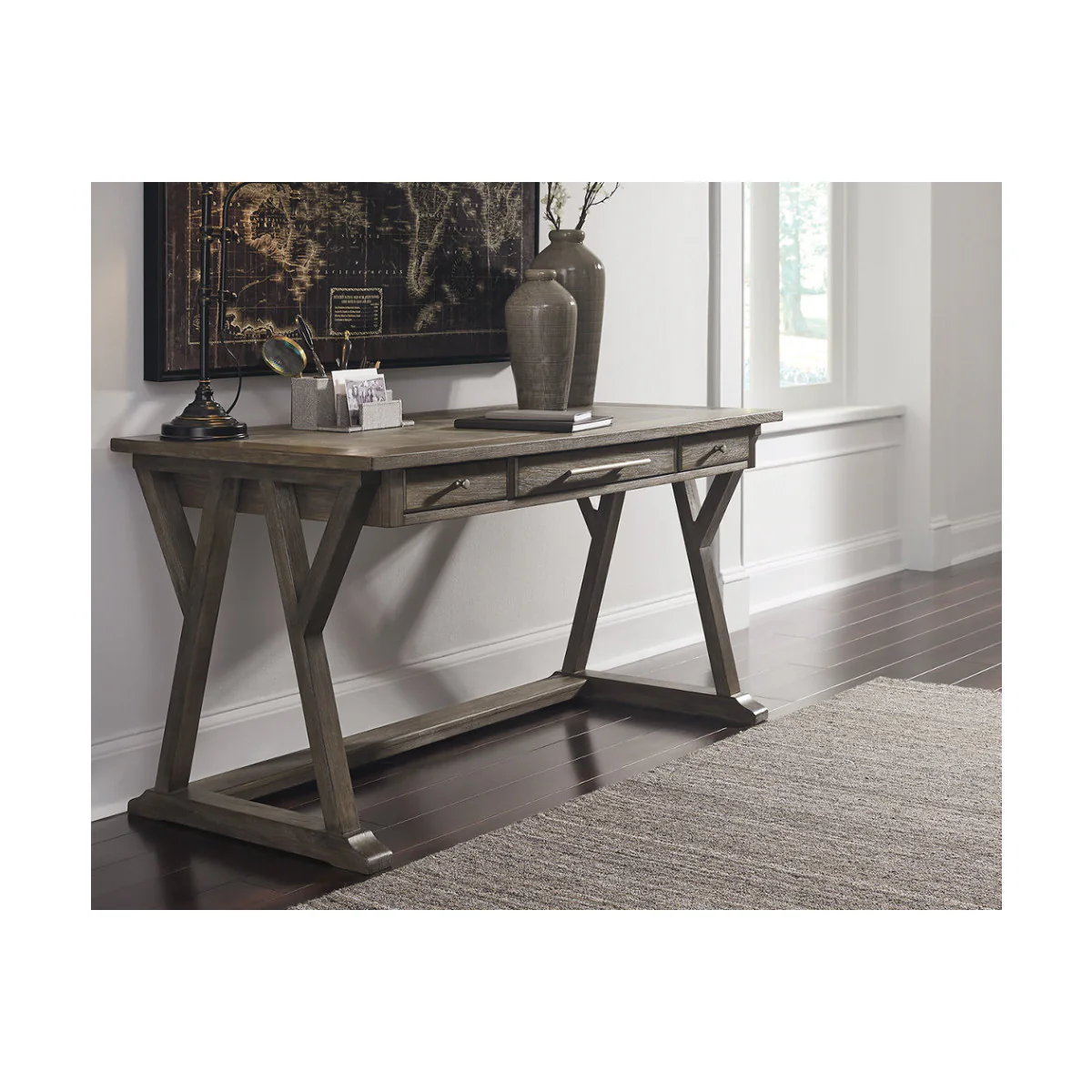 Three Drawer Wooden Desk with Cross Brace Stretcher and Faux Bluestone Top, Gray By Benzara