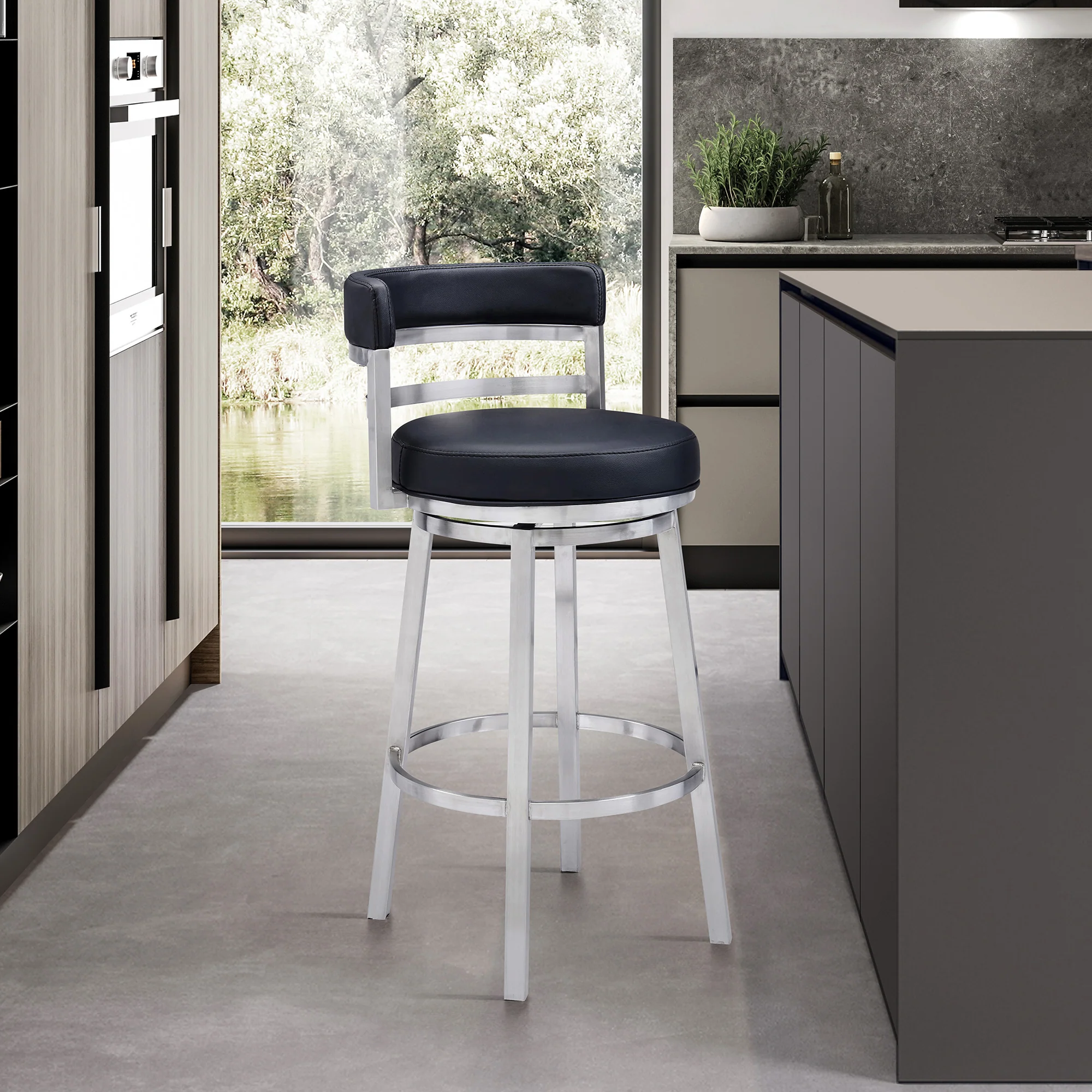 Titana 30" Bar Height Swivel Black Faux Leather and Brushed Stainless Steel Bar Stool By Armen Living