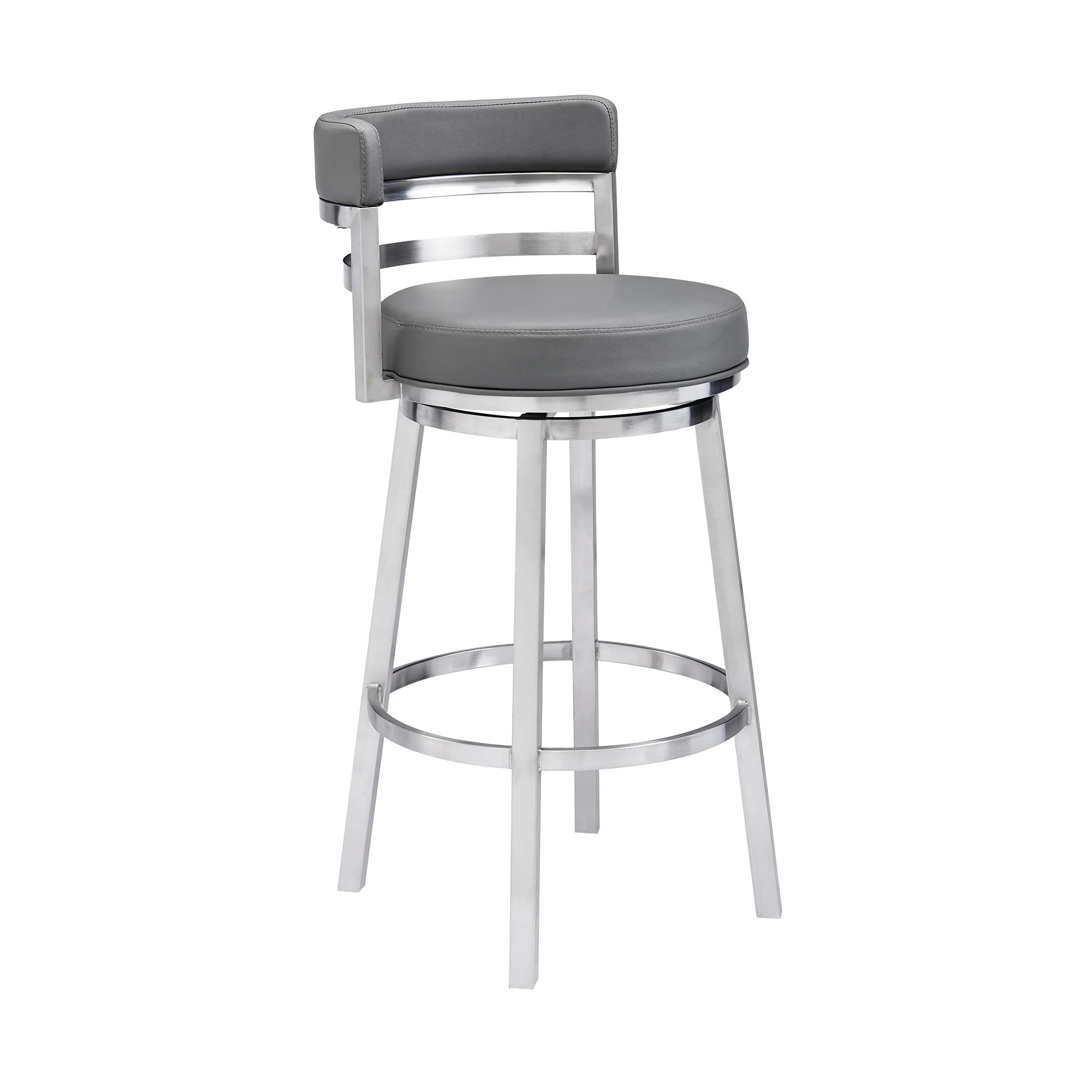 Titana 30" Bar Height Swivel Grey Faux Leather and Brushed Stainless Steel Bar Stool By Armen Living - Image 2