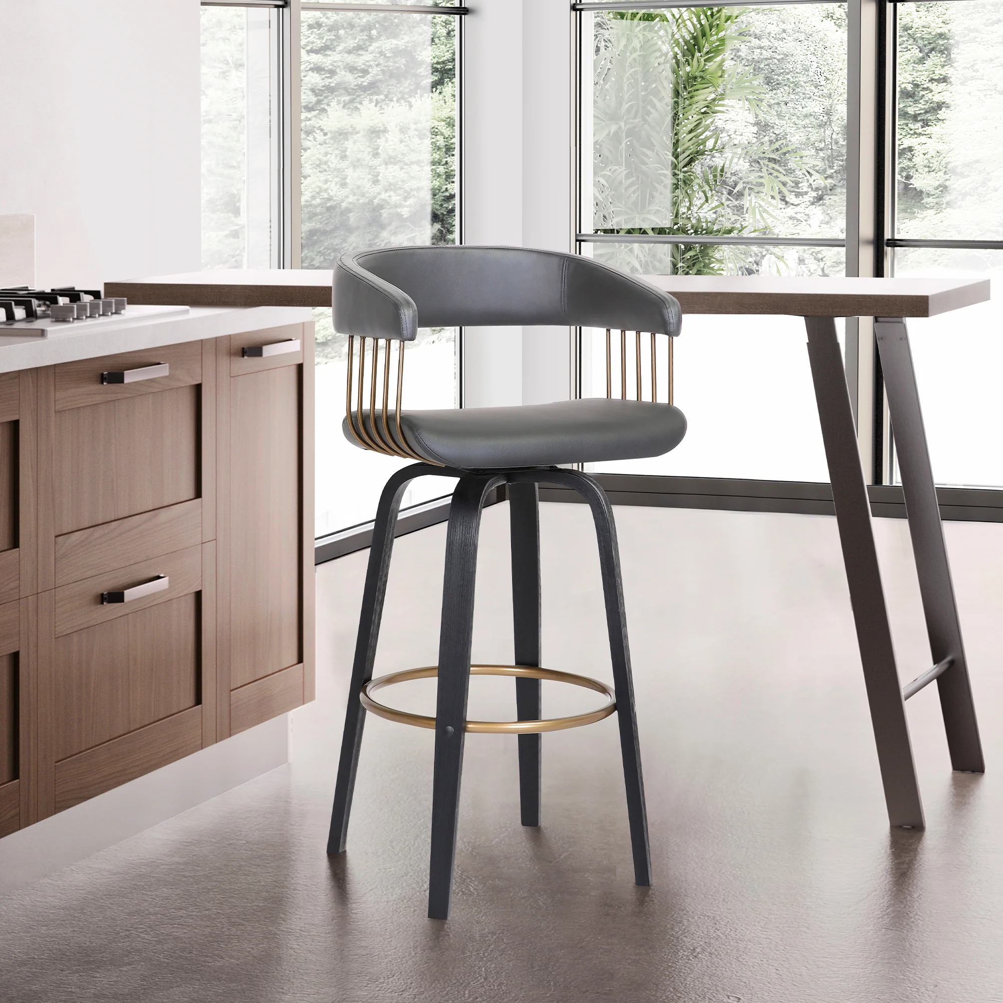 Topanga 26" Swivel Black Wood Counter Stool in Grey Faux Leather with Golden Bronze Metal By Armen Living