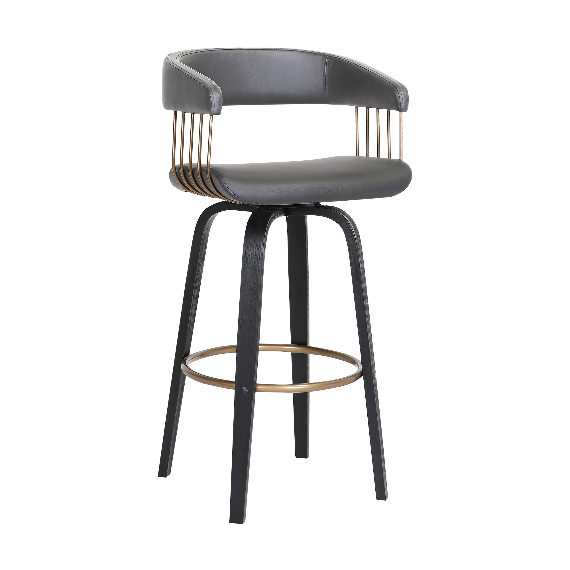 Topanga 26" Swivel Black Wood Counter Stool in Grey Faux Leather with Golden Bronze Metal By Armen Living - Image 2