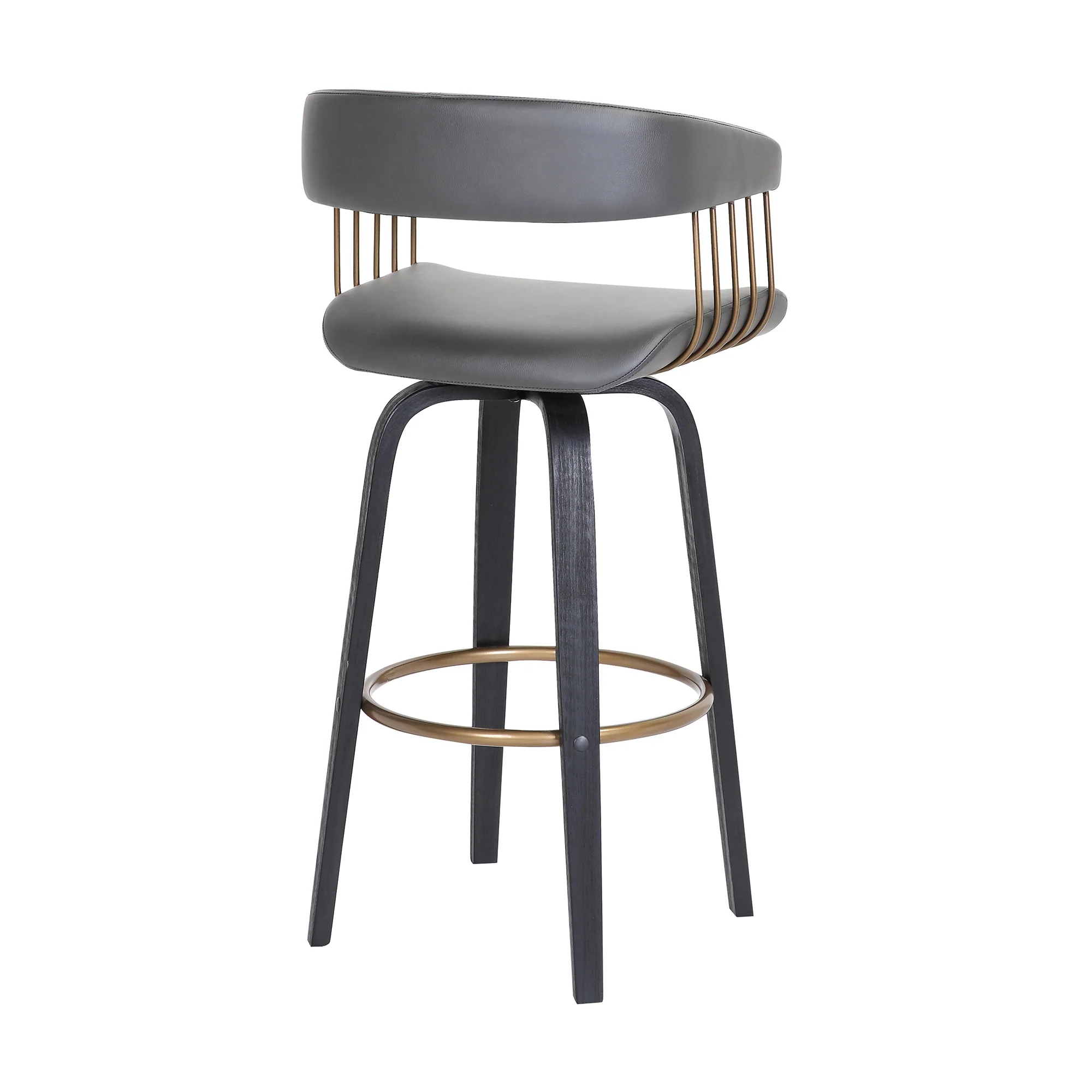 Topanga 26" Swivel Black Wood Counter Stool in Grey Faux Leather with Golden Bronze Metal By Armen Living - Image 5