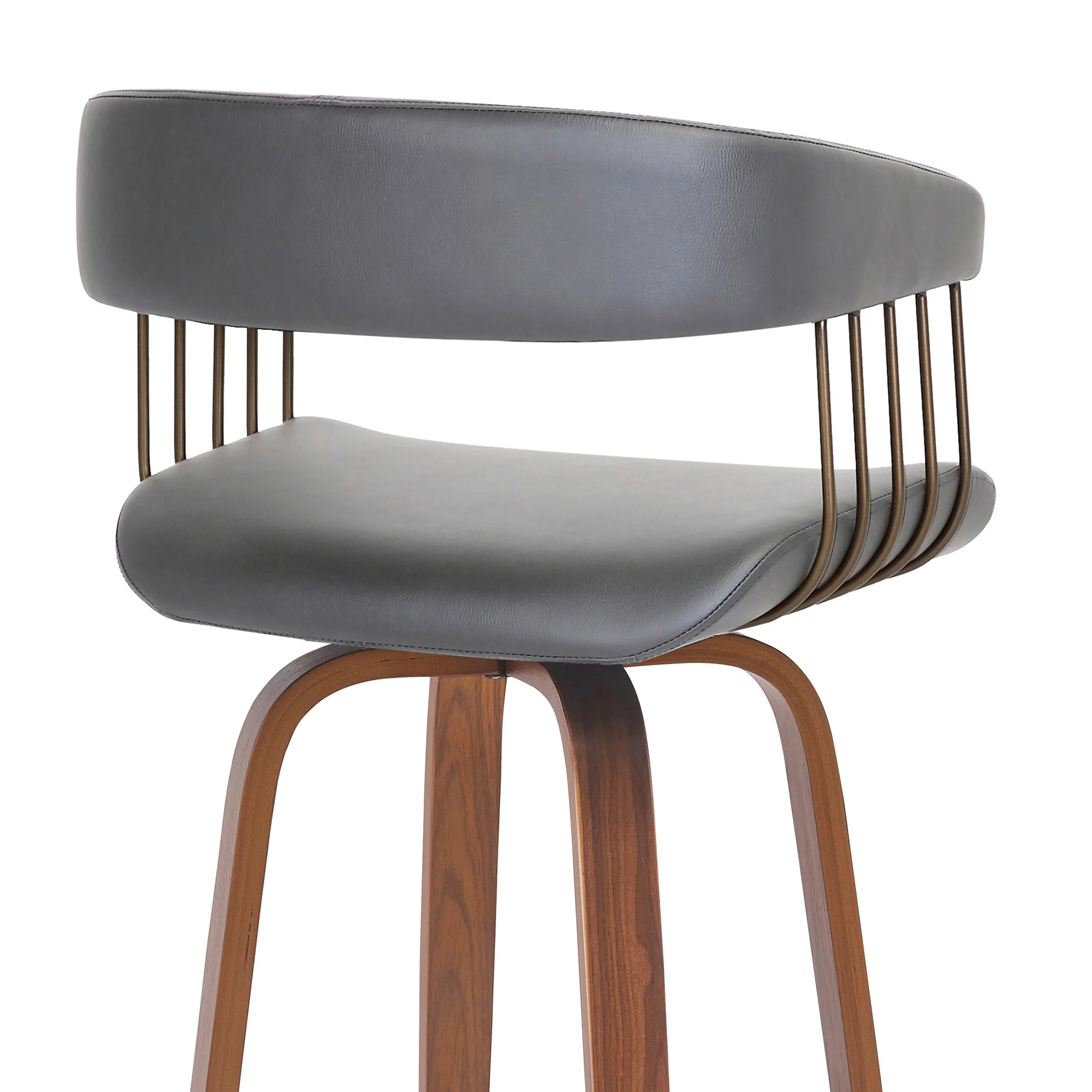 Topanga 26" Swivel Walnut Wood Counter Stool in Gray Faux Leather with Golden Bronze Metal By Armen Living - Image 6