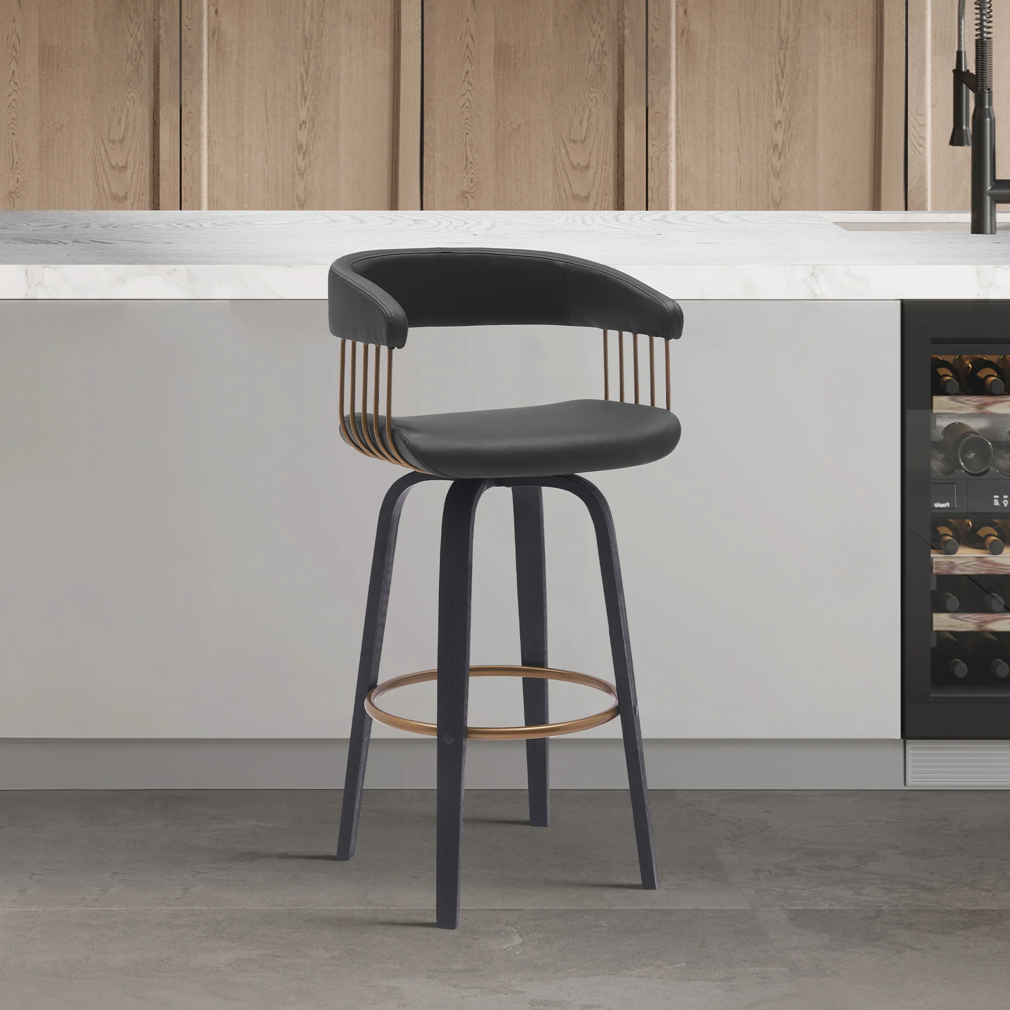 Topanga 30.5" Swivel Black Wood Bar Stool in Black Faux Leather with Golden Bronze Metal By Armen Living