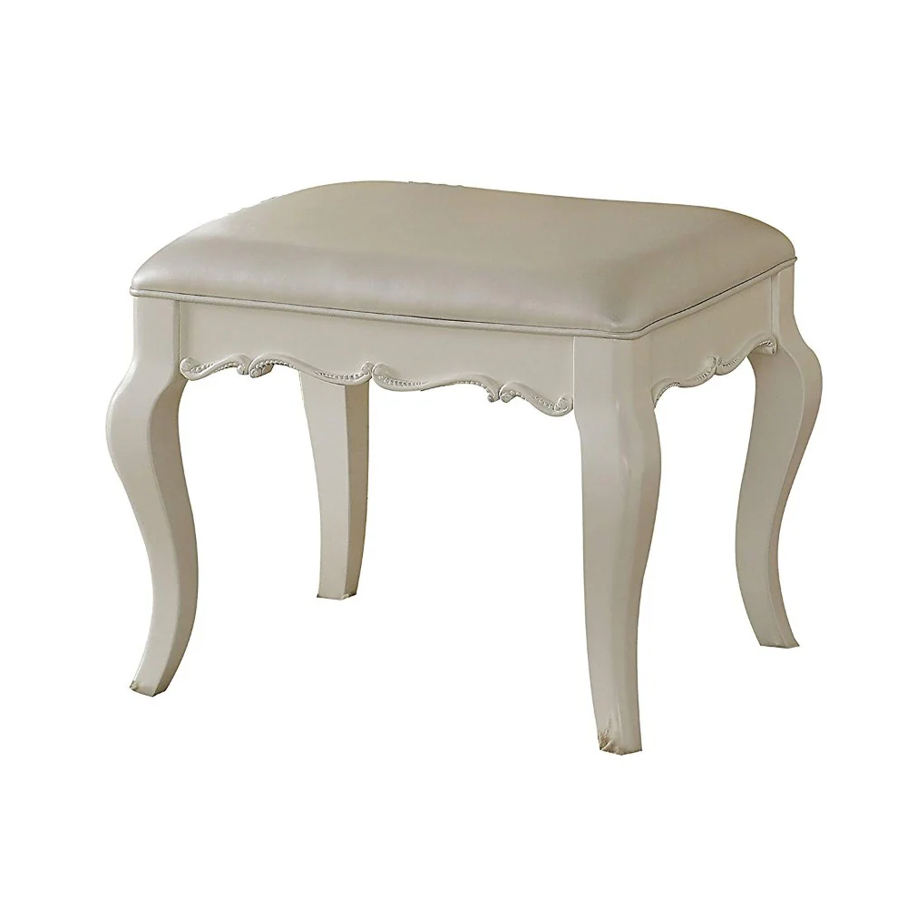 Traditional Style Wood and Leatherette Vanity Stool with Padded Seat, White By Benzara