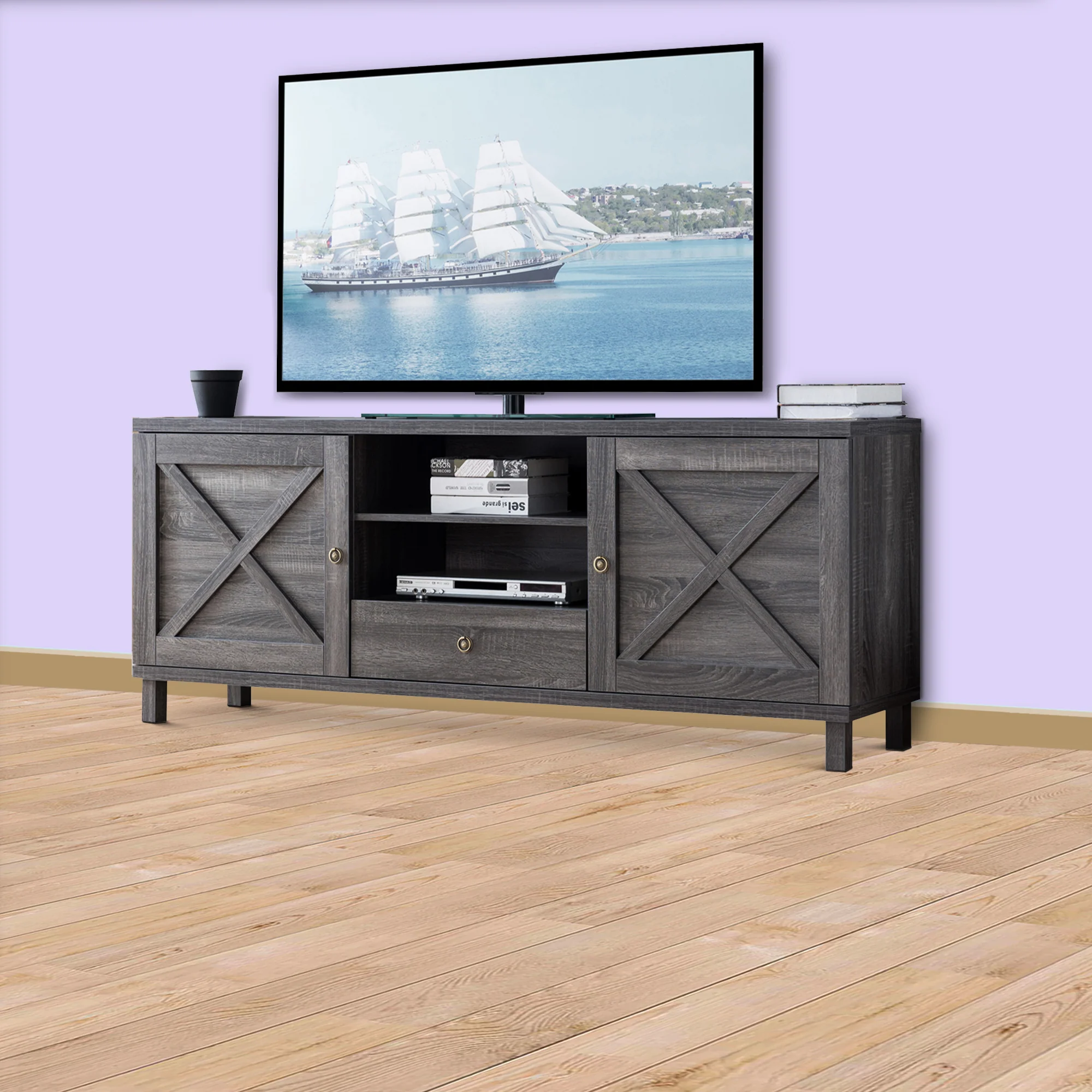 Transitional Wooden Tv Stand With Two Side Door Cabinets And Spacious Storage, Gray By Benzara