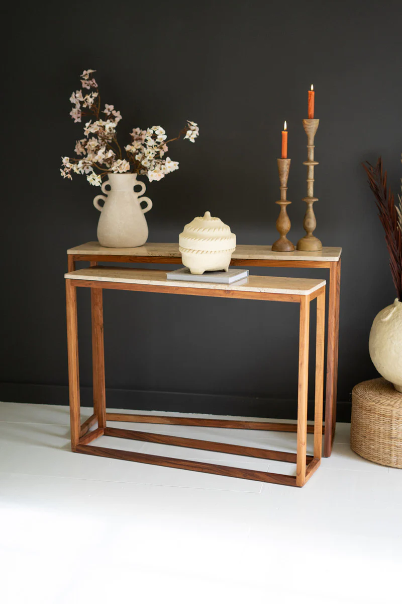 Travertine Console Tables With Wood Bases Set Of 2 By Kalalou