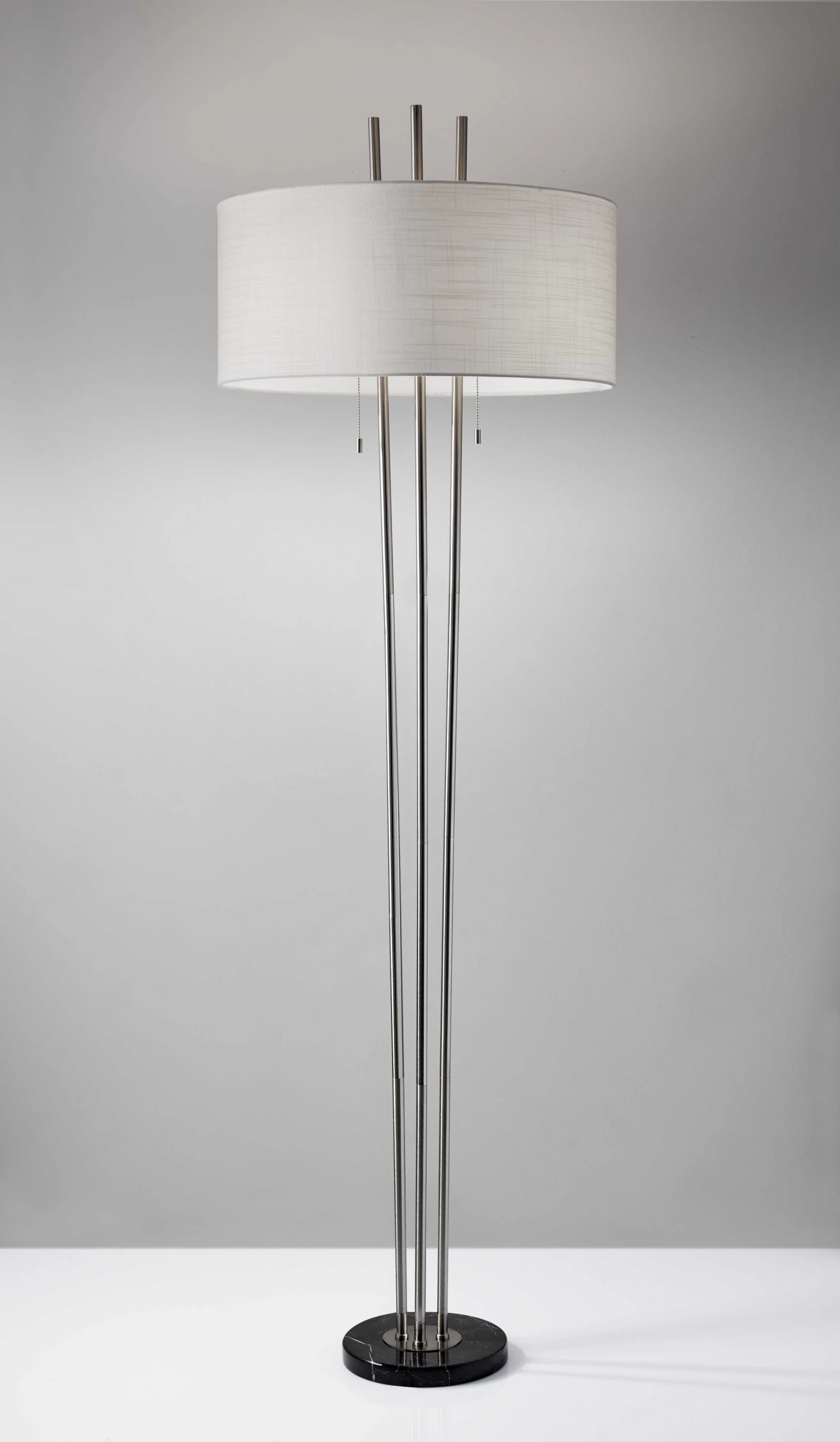 Triple Steel Pole Floor Lamp with Stylish Floating White Fabric Shade Silhouette By Homeroots