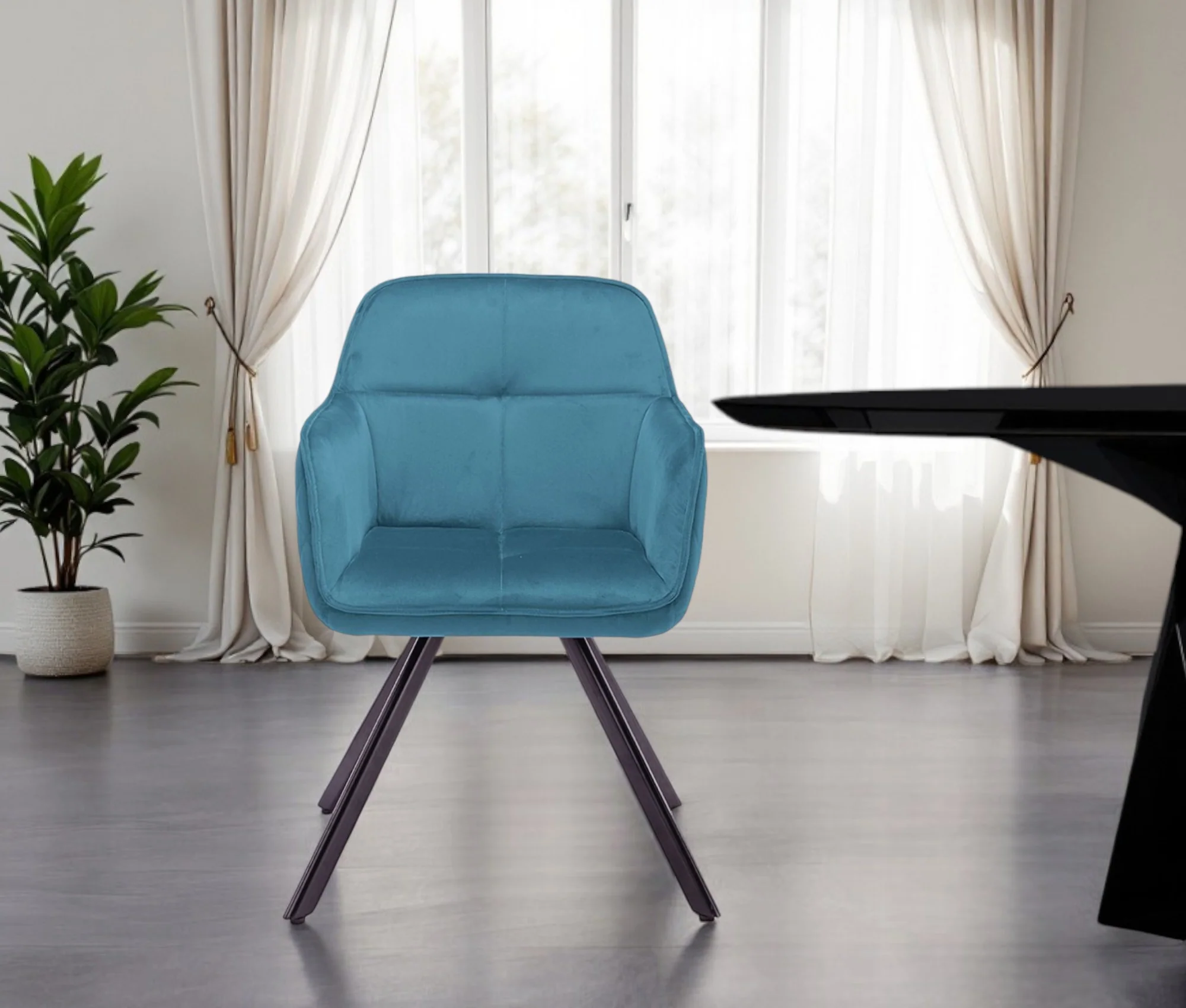 Tufted Blue And Black Velvet and Metal Dining Arm Chair By Homeroots