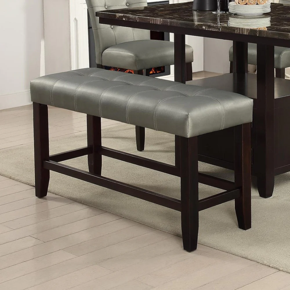 Tufted High Bench With Tapered Legs Silver And Brown By Benzara