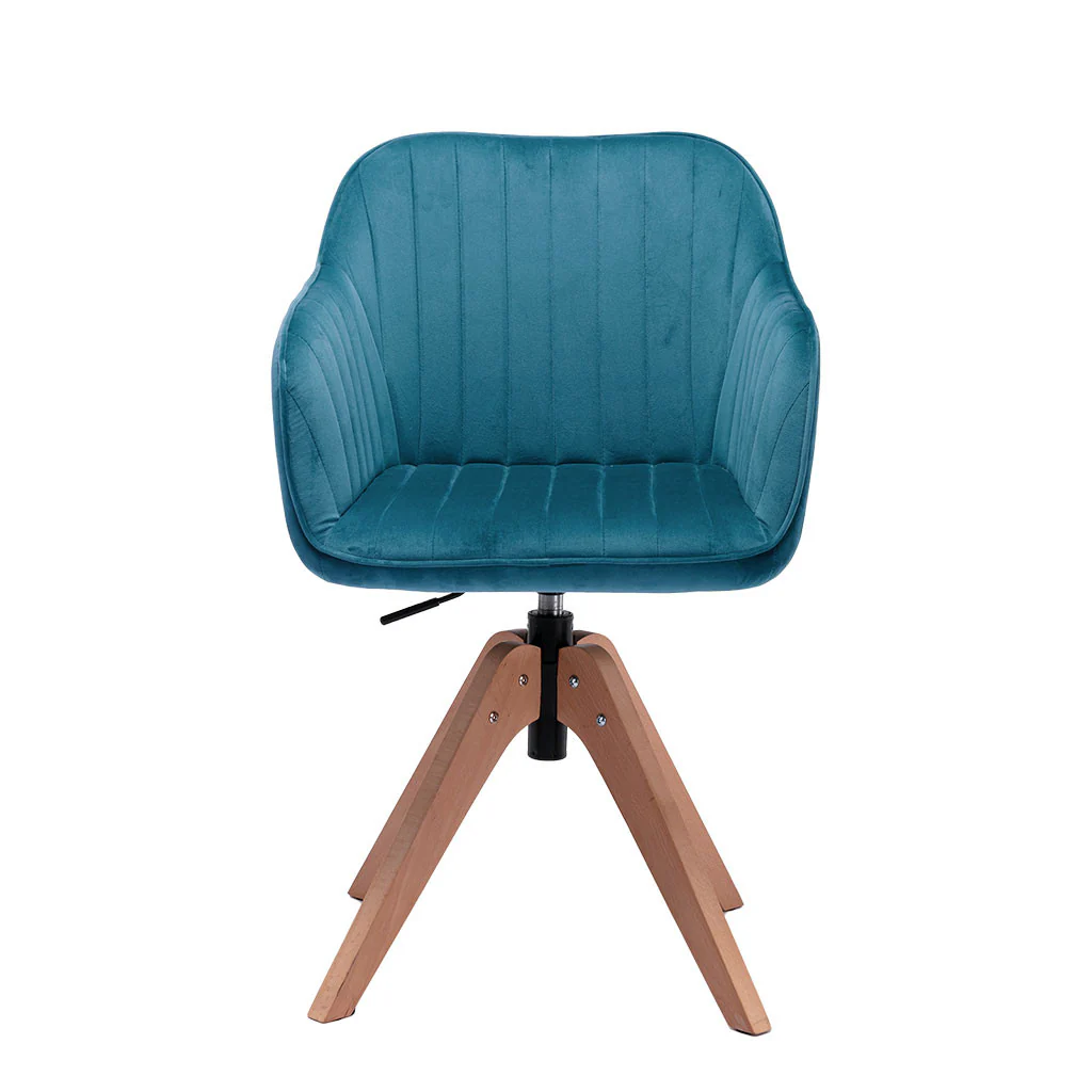 Tufted Teal Blue And Natural Velvet and Wood Dining Arm Chair By Homeroots